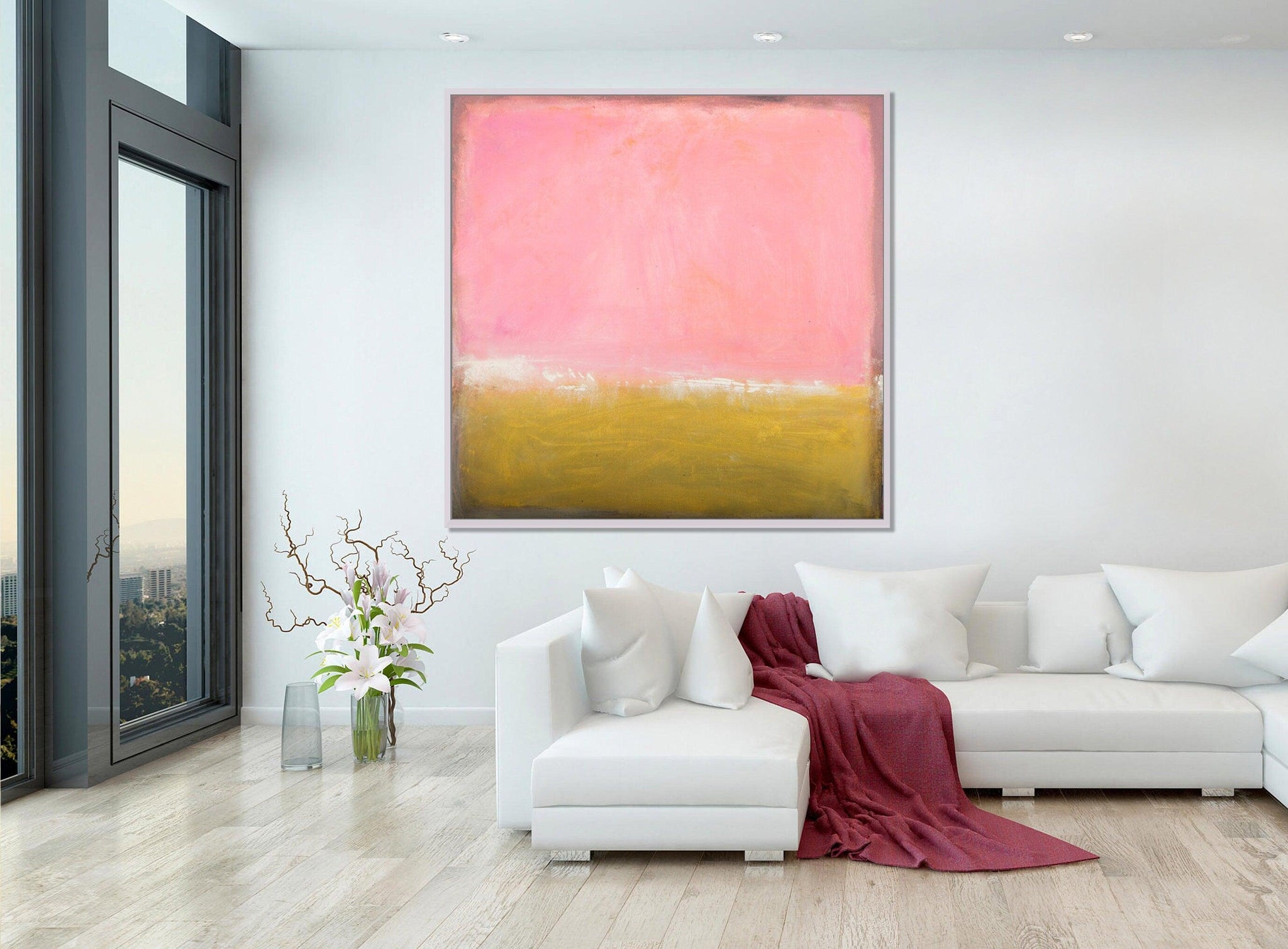 Pink and yellow extra large wall art, Pink minimalist wall art contemporary art by Camilo Mattis - camilomattis.com