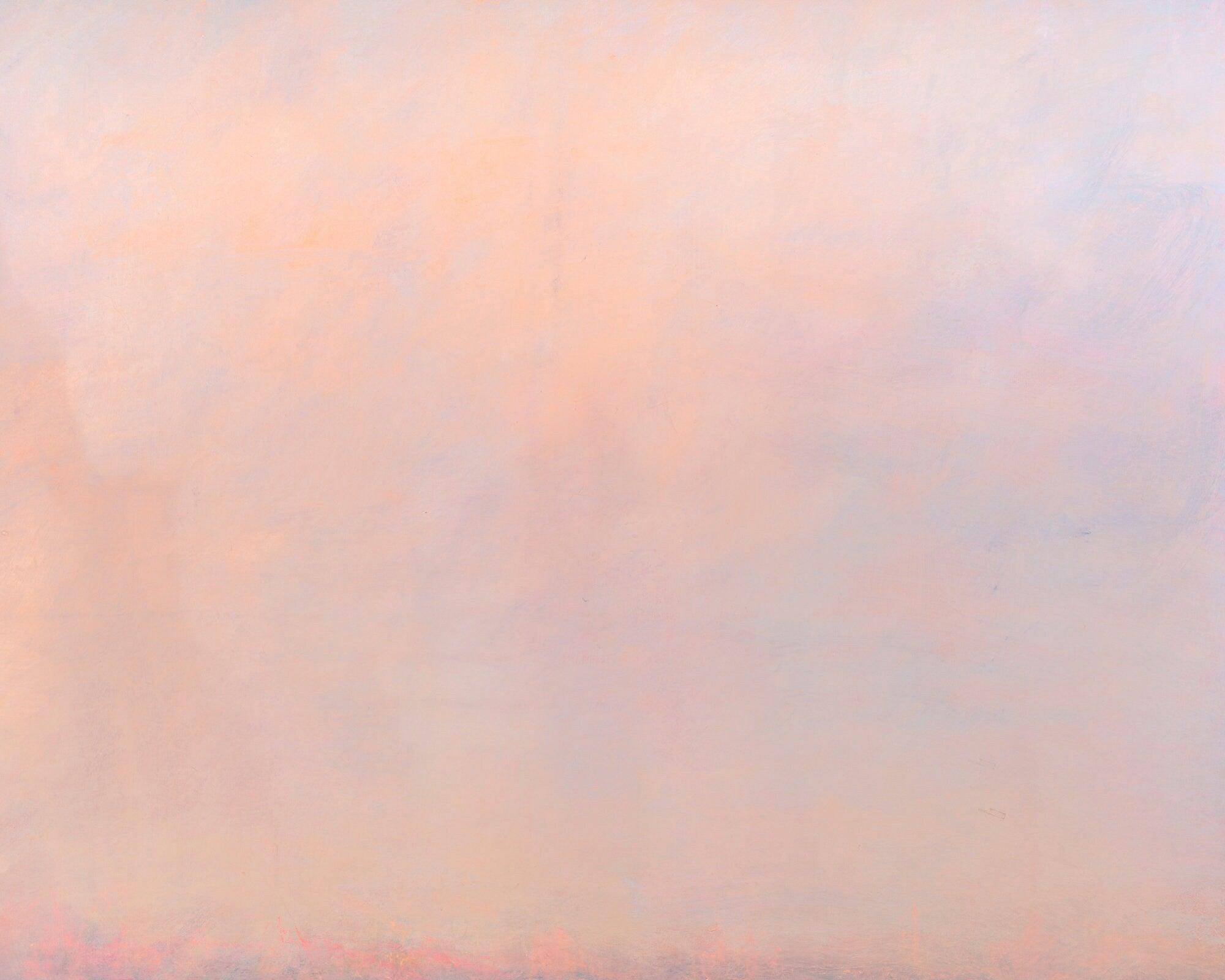 Zoom in on a peach and blue landscape - an original abstract painting on canvas.