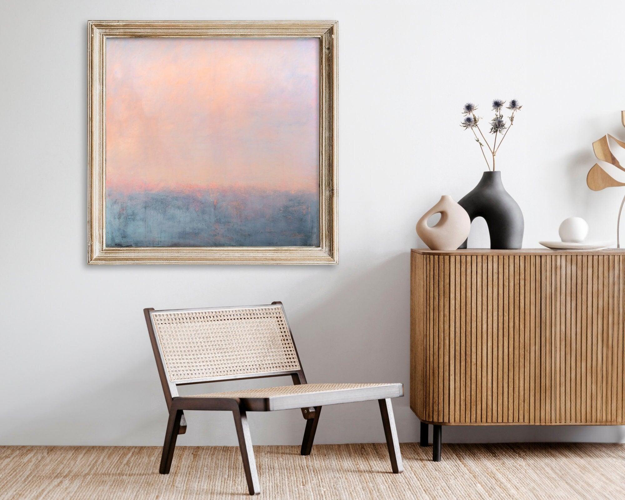 Original abstract paintings on canvas with colorful peach and blue landscape themes. They should be vibrant and eye-catching.