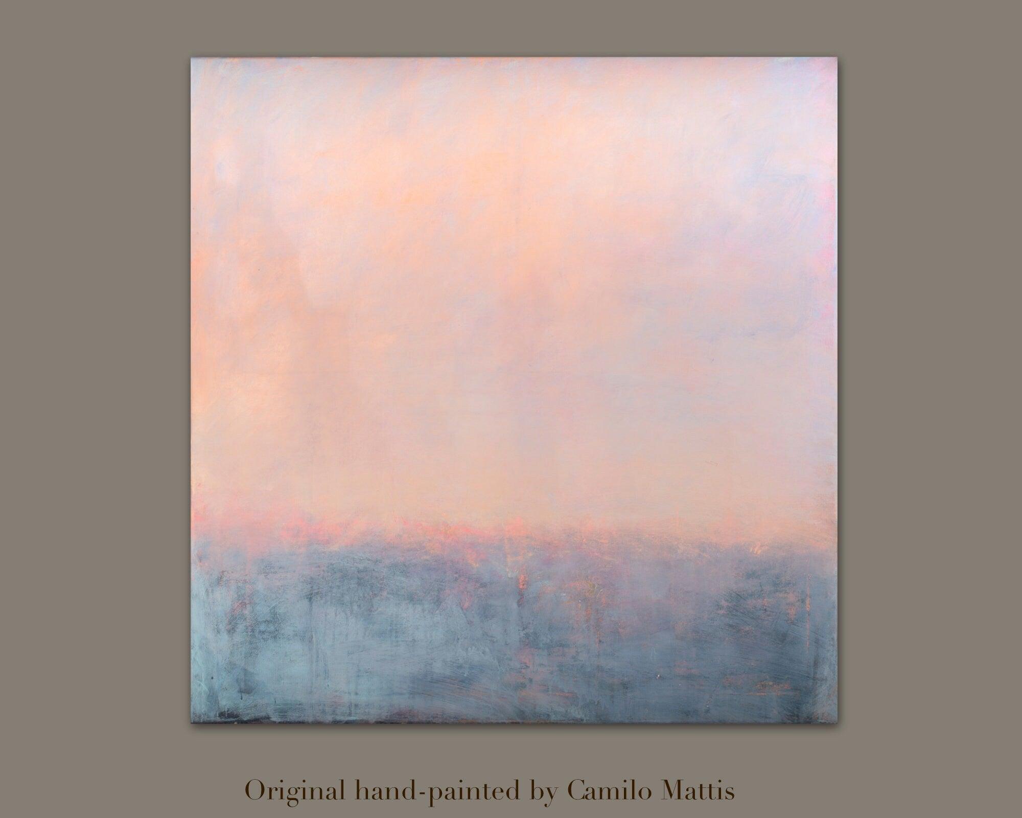 peach and blue landscape Original abstract painting on canvas