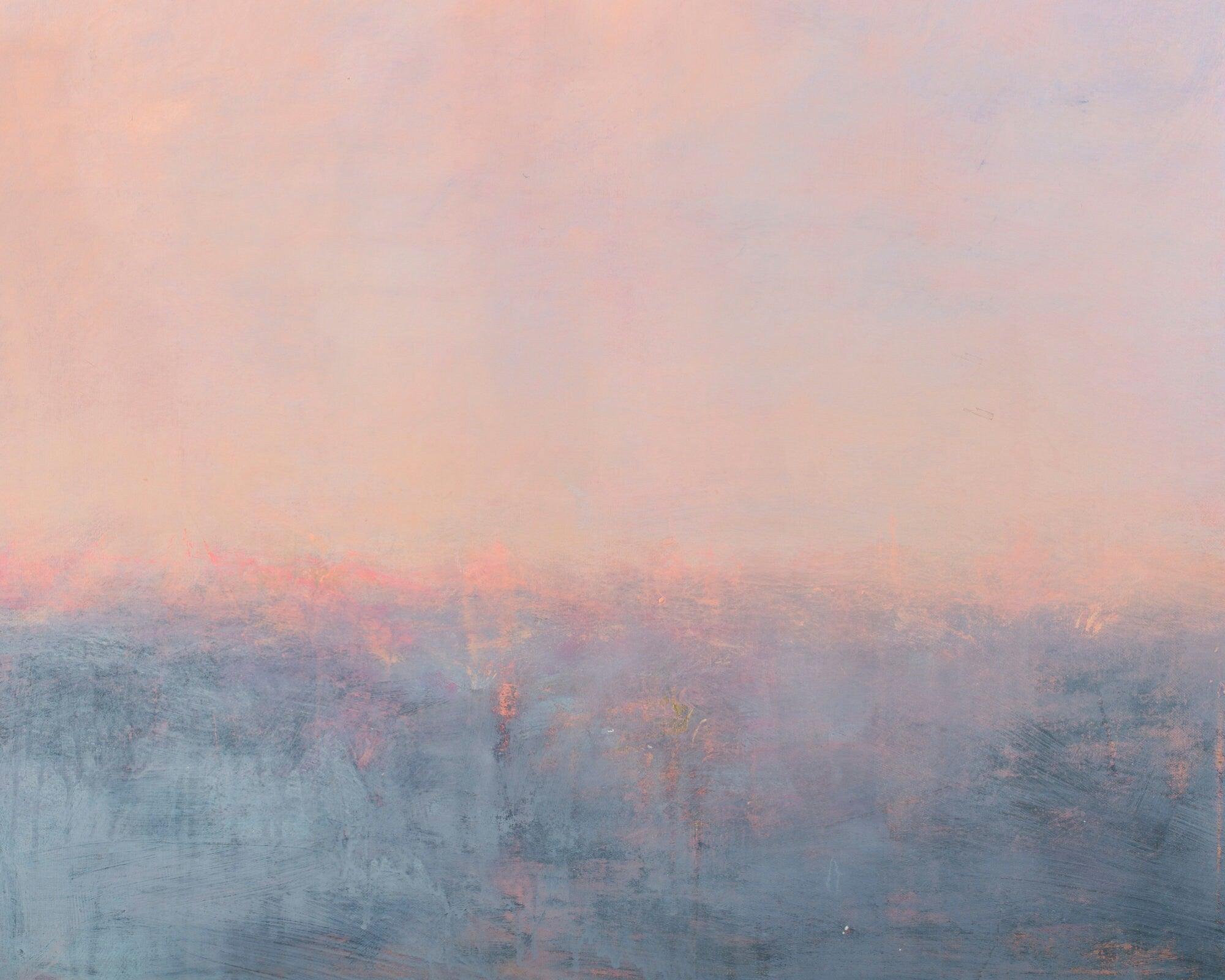 Zoom in on a peach and blue landscape - an original abstract painting on canvas.
