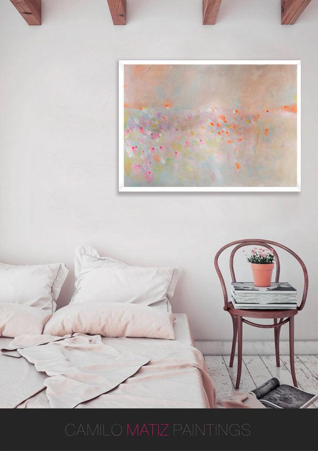 Abstract landscape painting, pastel colors art, pink, beige and orange landscape - camilomattis.com