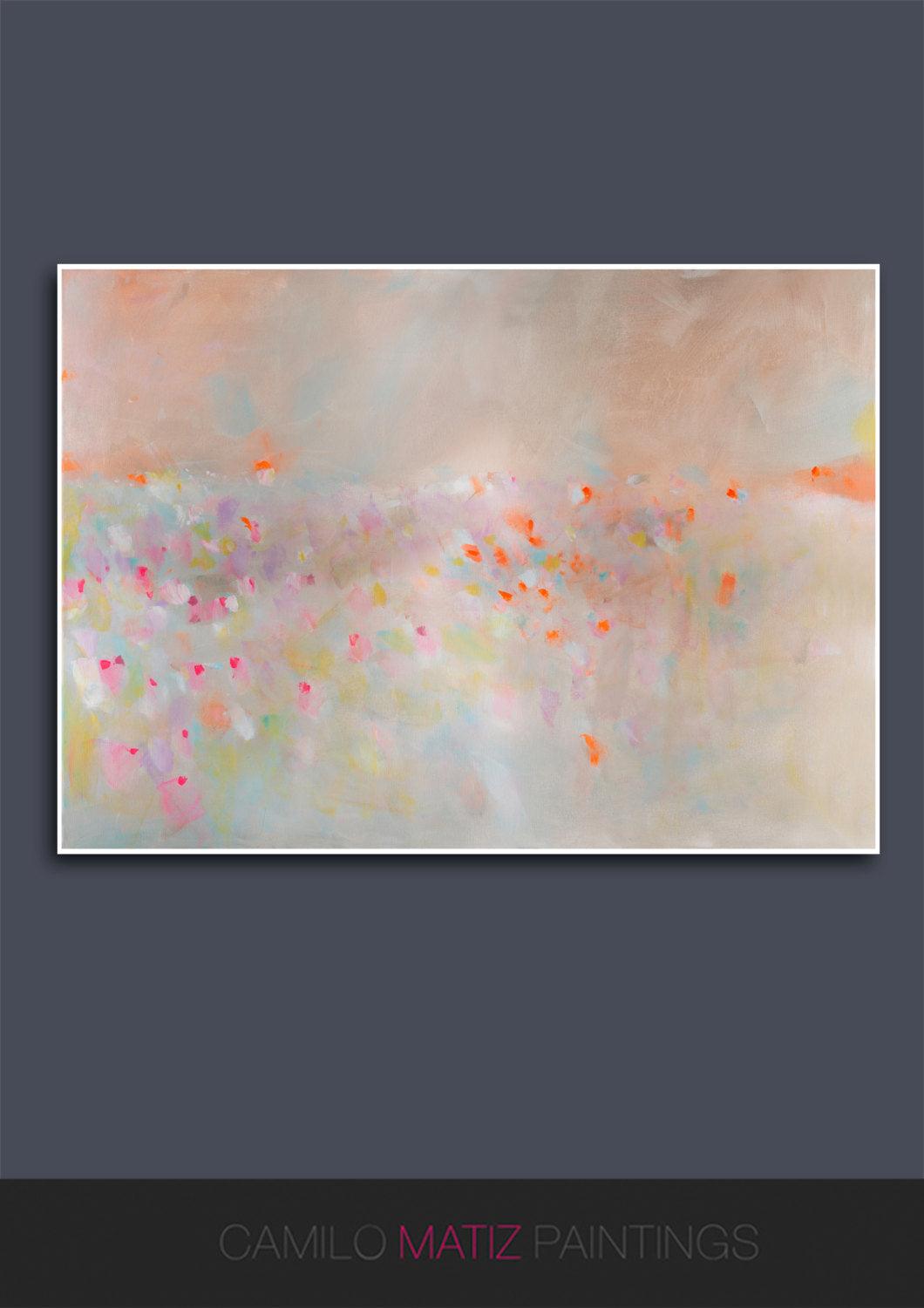 Abstract landscape painting, pastel colors art, pink, beige and orange landscape - camilomattis.com
