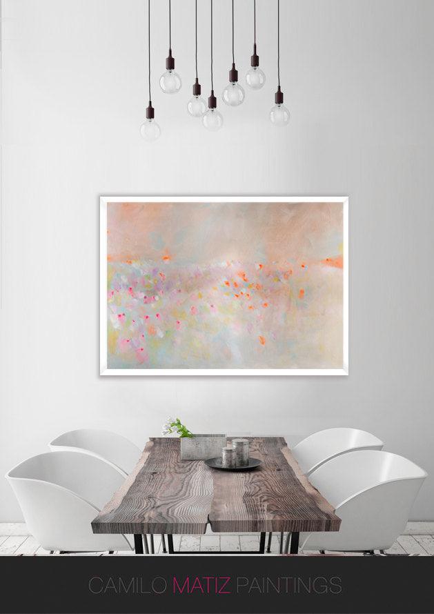 Abstract landscape painting, pastel colors art, pink, beige and orange landscape - camilomattis.com