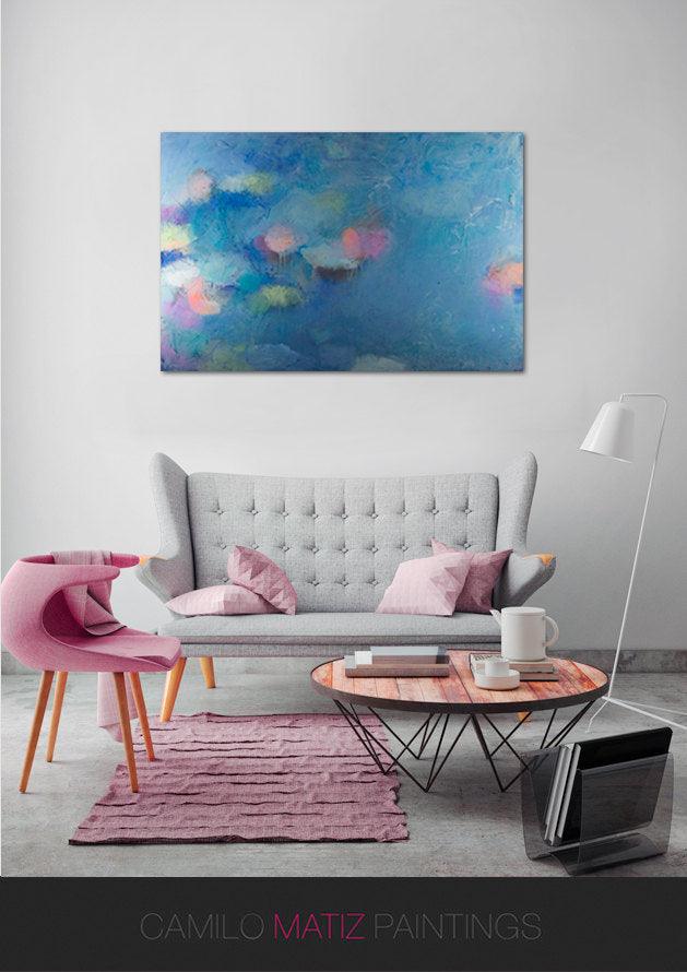 Blue abstract wall art, blue seascape, impressionist art pink abstract, water lily by Camilo Mattis - camilomattis.com