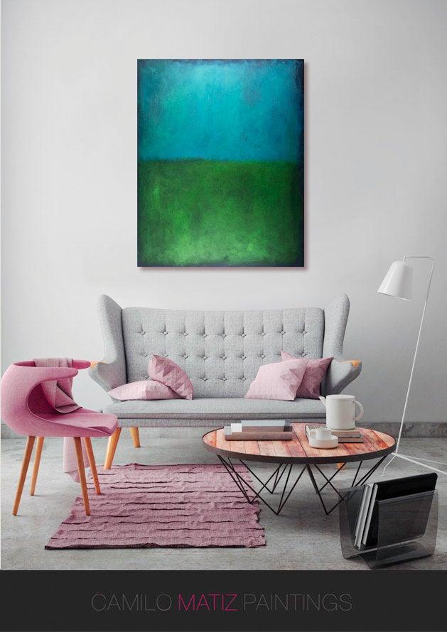 Blue wall art Acrylic painting minimalist art green abstract geometric art modern abstract art large wall art Hand Paint, Abstract Painting - camilomattis.com