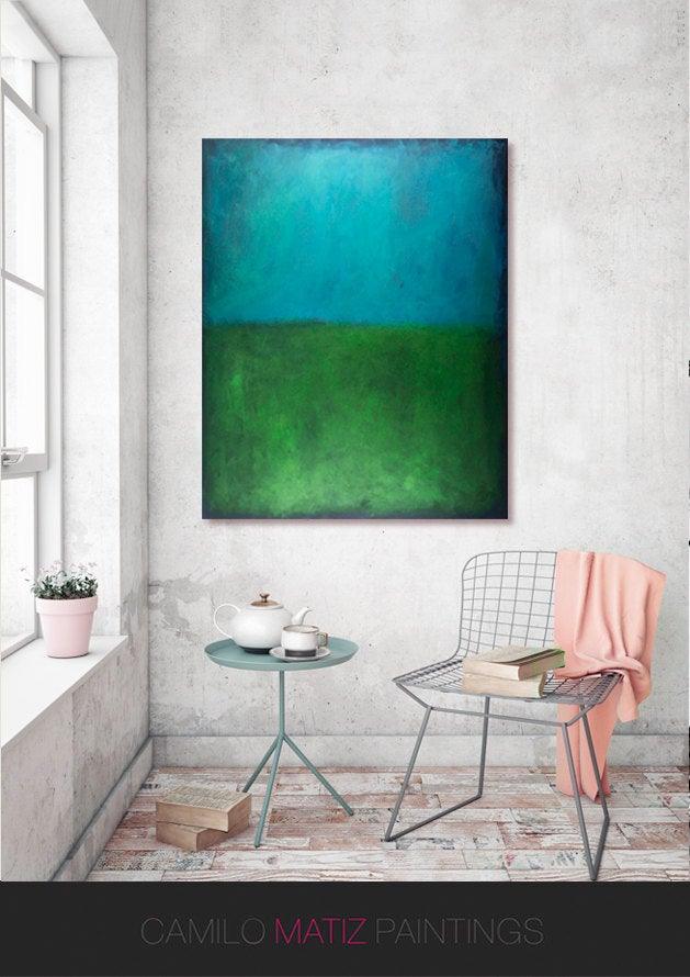 Blue wall art Acrylic painting minimalist art green abstract geometric art modern abstract art large wall art Hand Paint, Abstract Painting - camilomattis.com