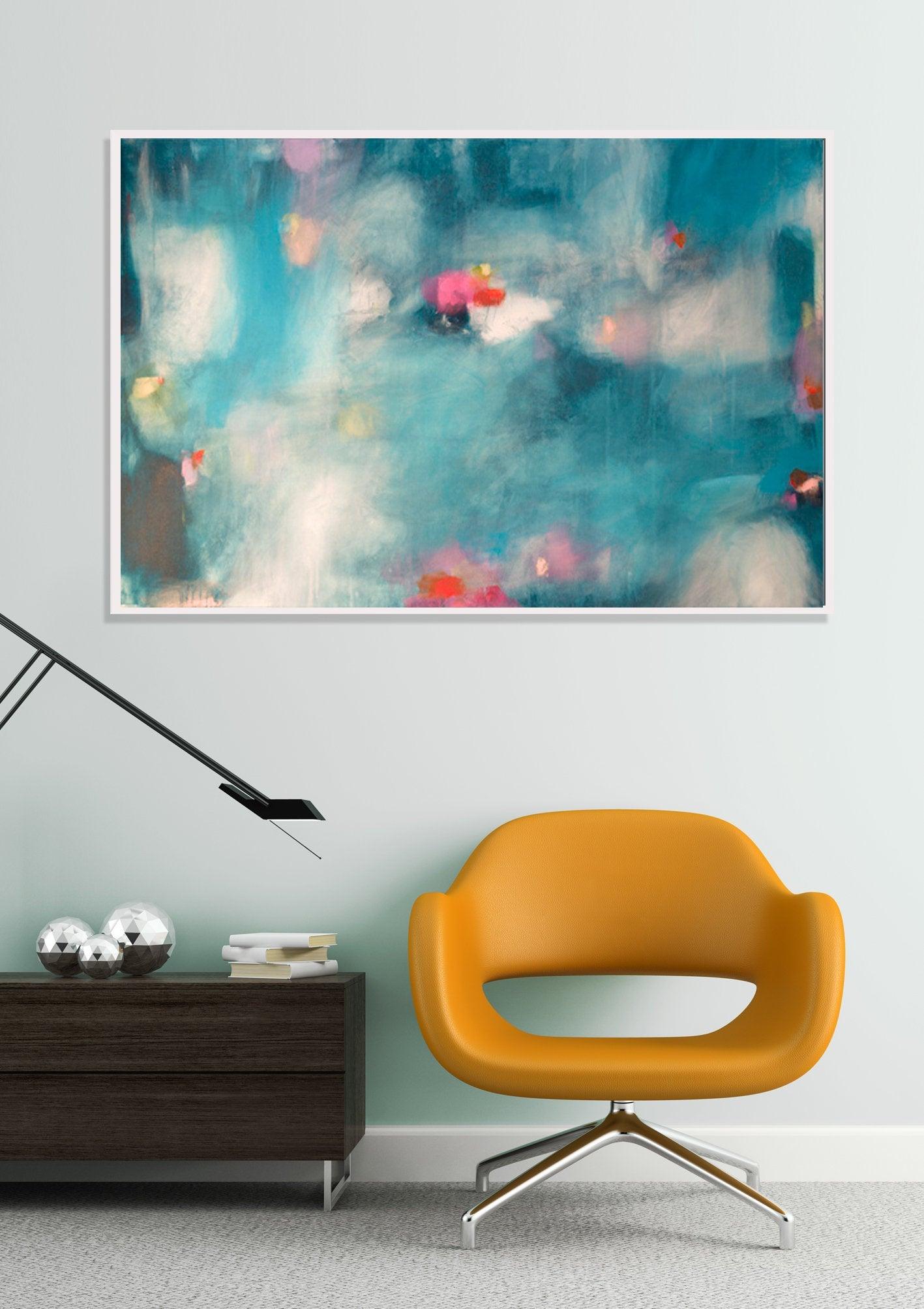 Abstract painting print, large wall art giclee print, blue and pink modern wall decor, abstract wall art print - camilomattis.com