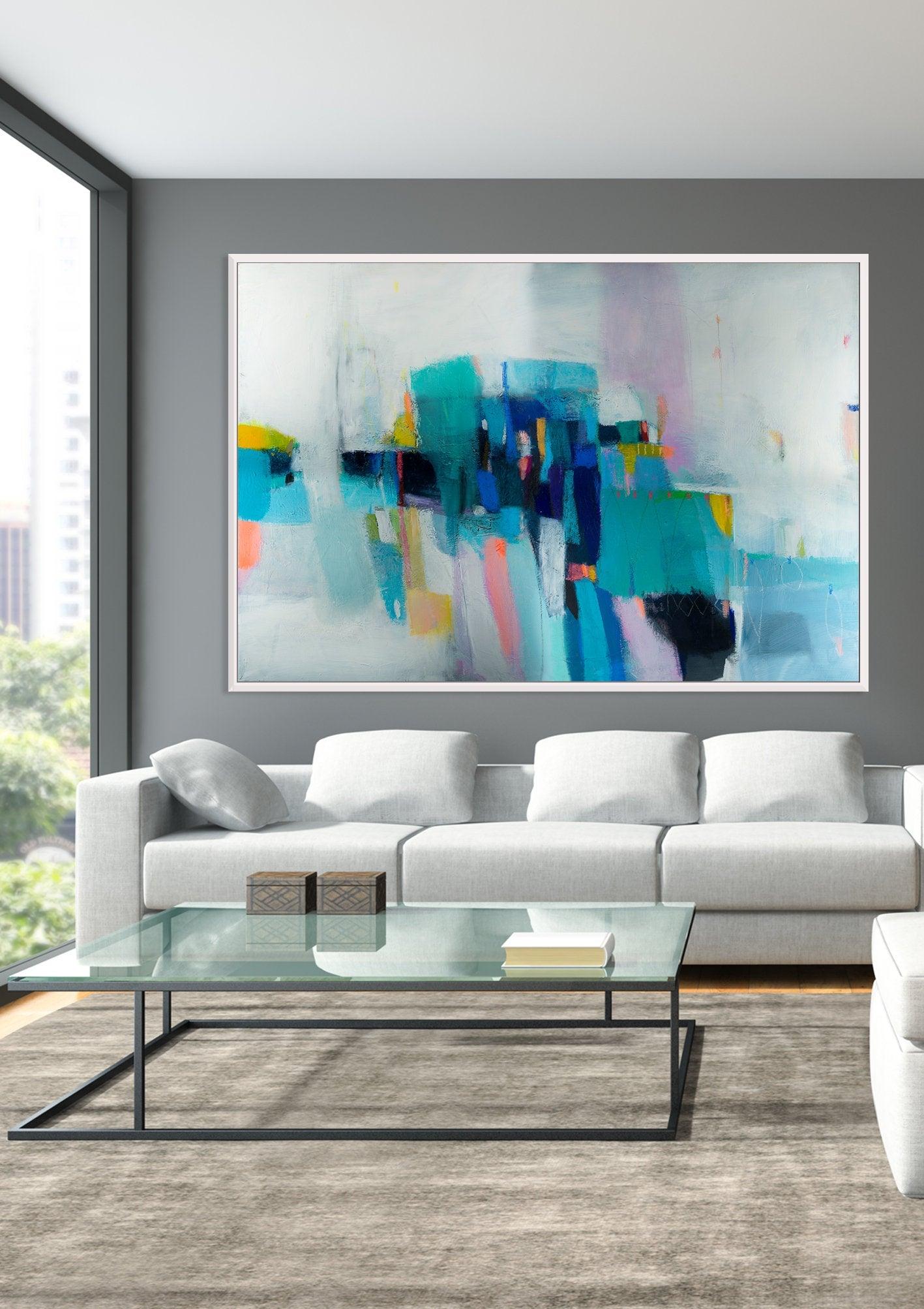 Large wall art giclee print, white blue green geometric abstract painting, large abstract painting print, giclee wall art - camilomattis.com