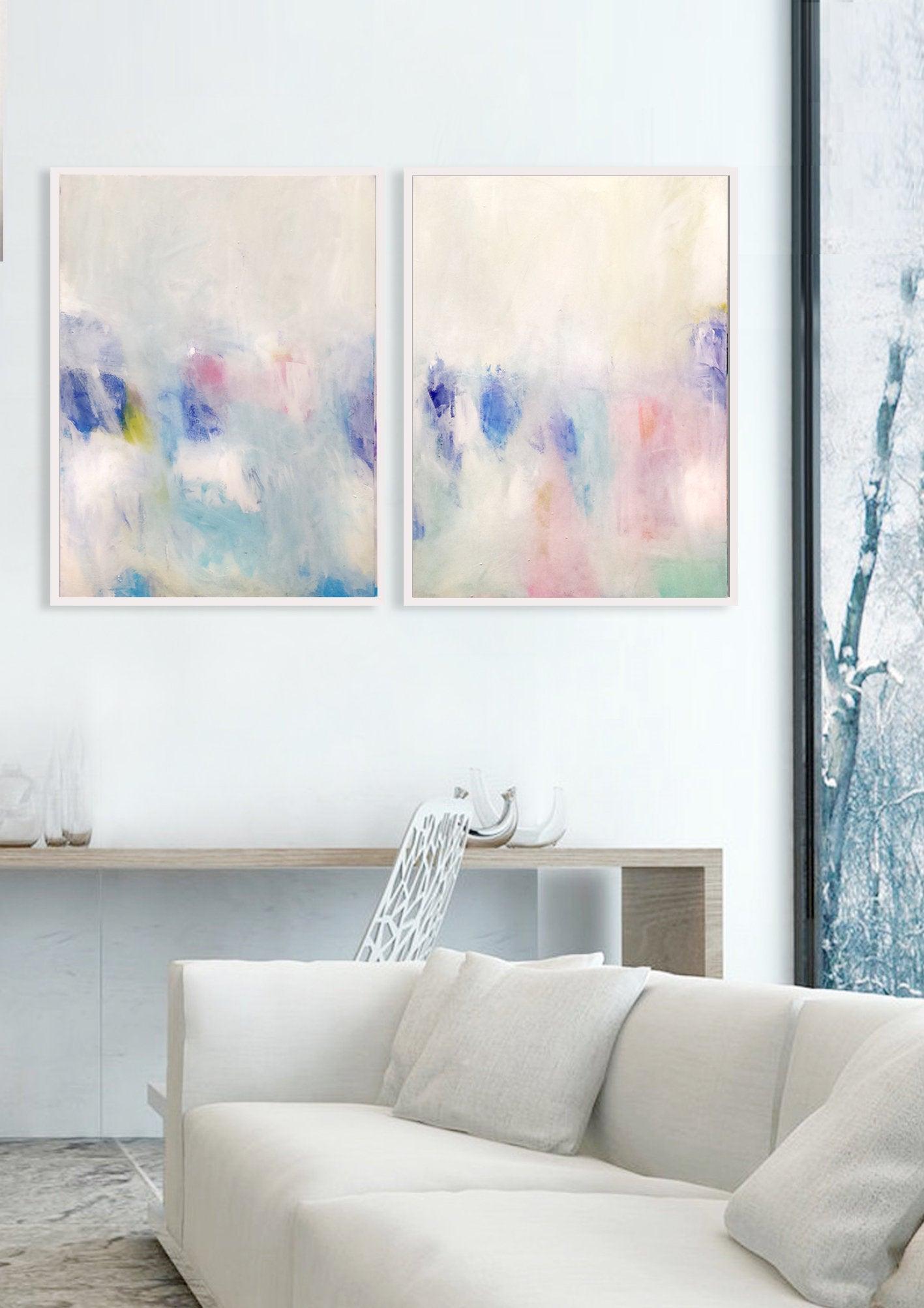 Wall art set of 2 prints, white abstract art, Bedroom prints set, Modern white set of paintings, living room wall art - camilomattis.com