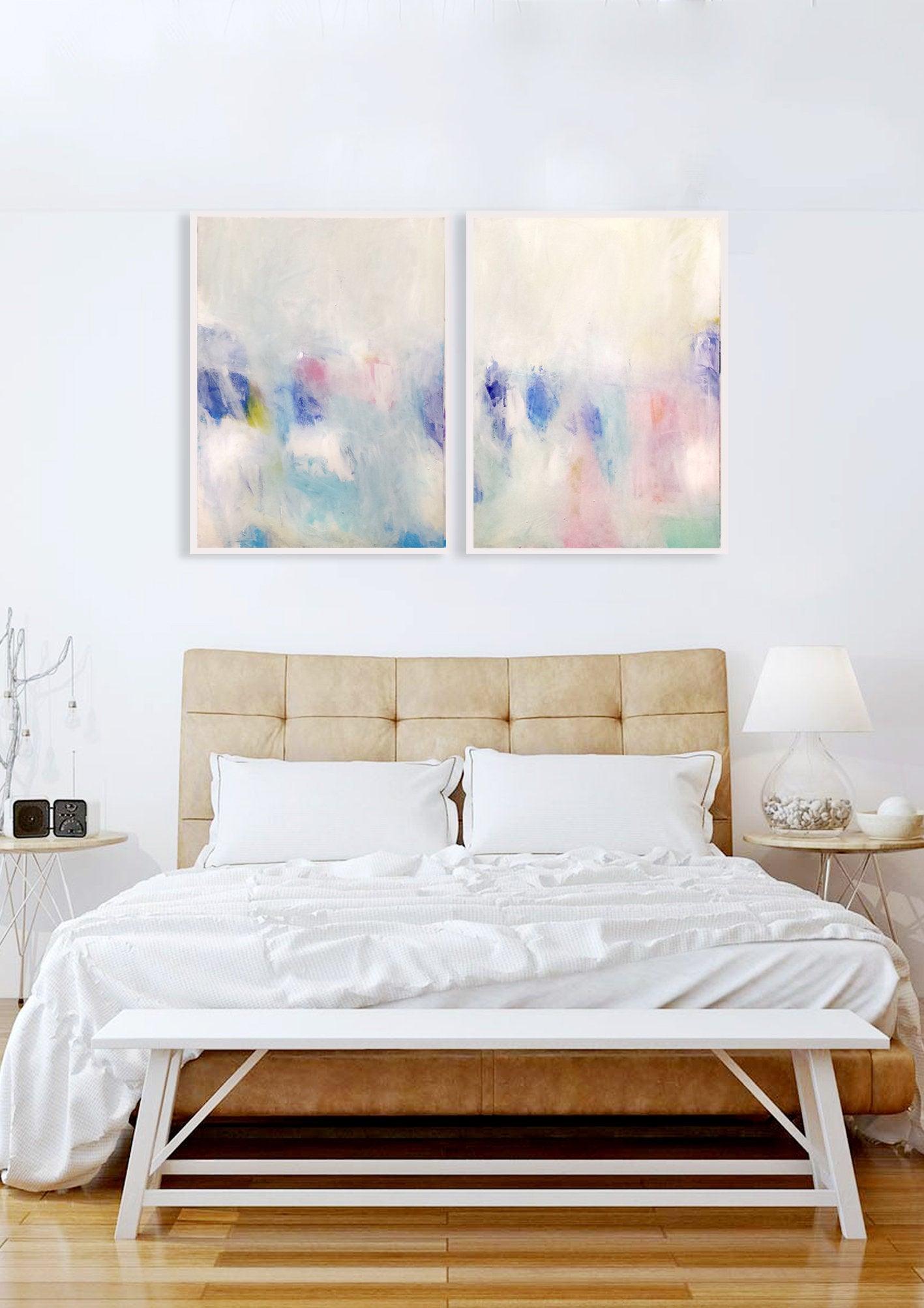 Wall art set of 2 prints, white abstract art, Bedroom prints set, Modern white set of paintings, living room wall art - camilomattis.com