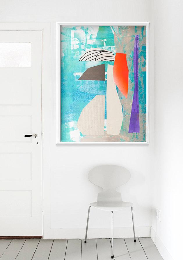 Teal blue flower vase print, abstract painting print, collage print, minimalist art - camilomattis.com