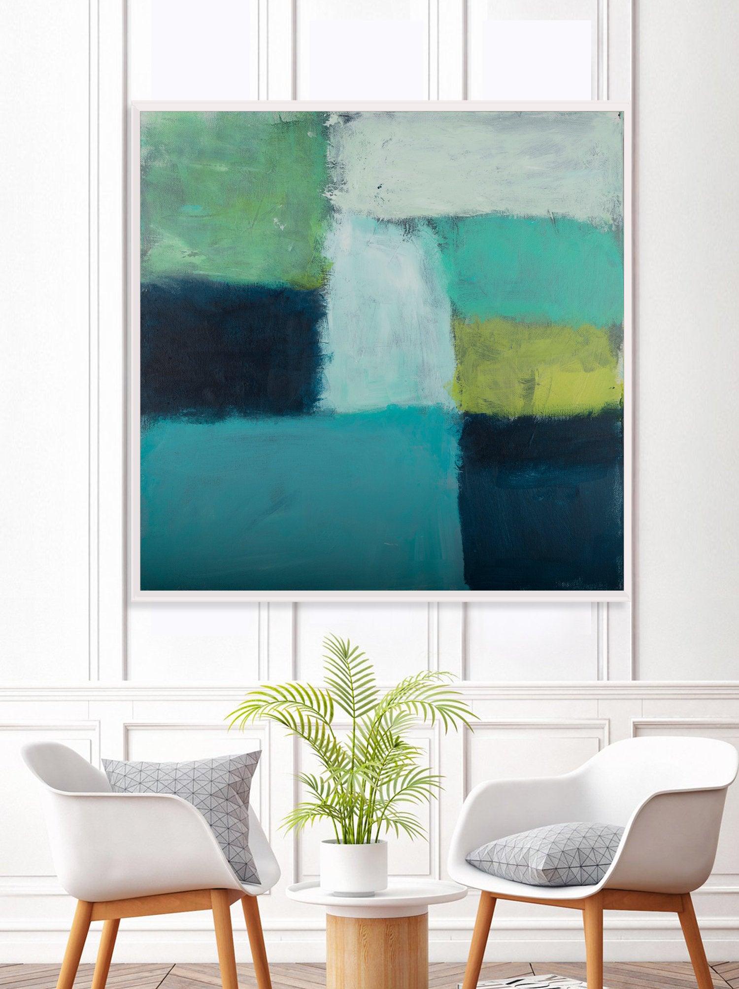 Large Teal Canvas art abstract painting, teal wall art decor, Abstract Beach Art, green Abstract Art Acrylic painting - camilomattis.com