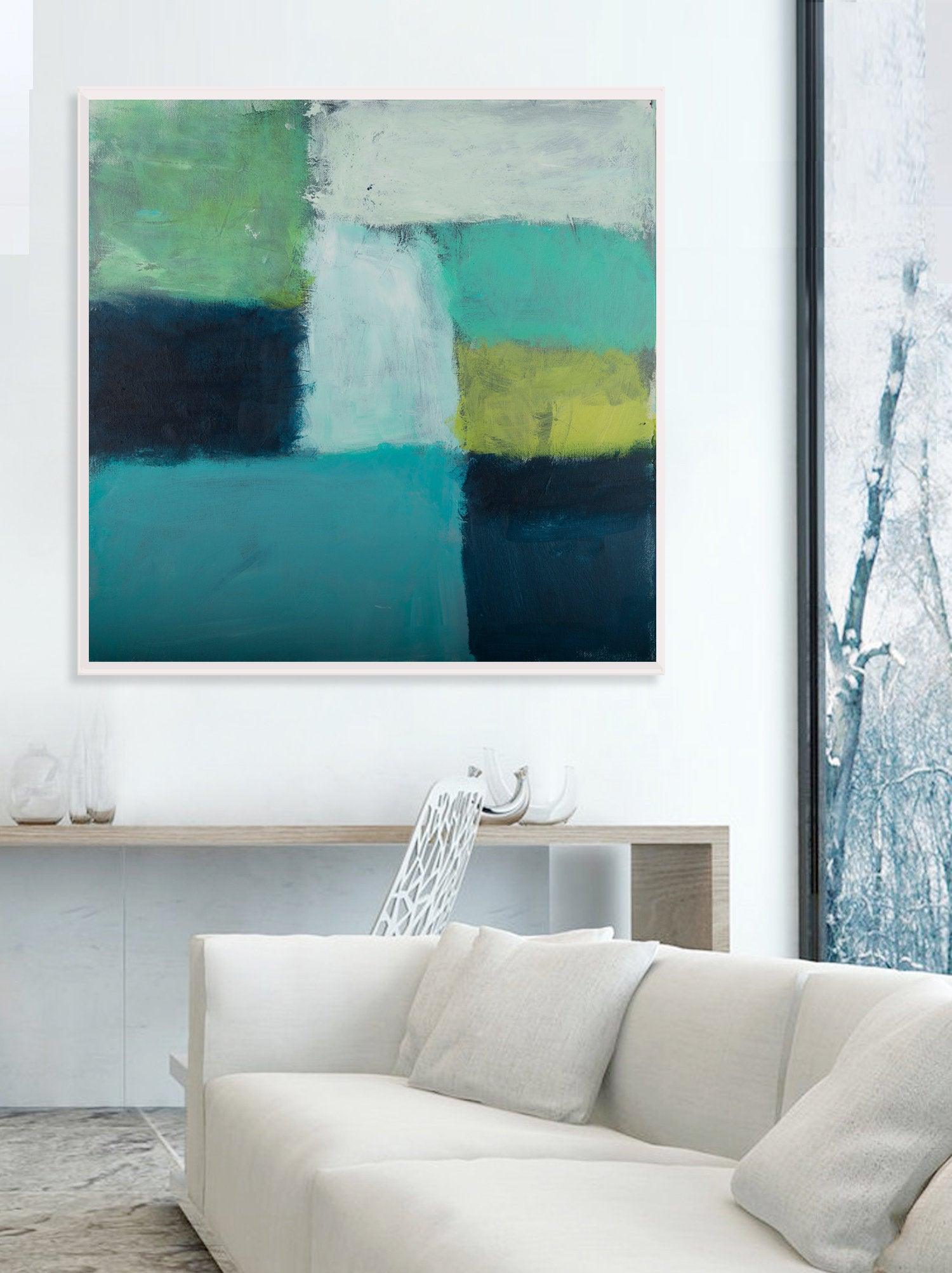 Large Teal Canvas art abstract painting, teal wall art decor, Abstract Beach Art, green Abstract Art Acrylic painting - camilomattis.com