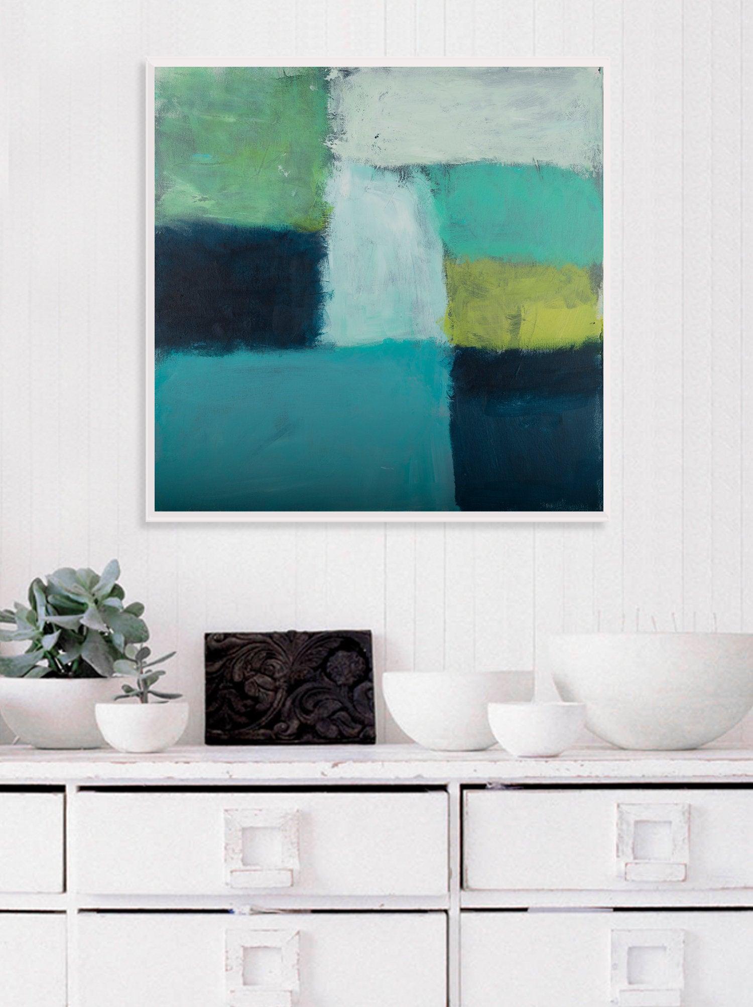 Large Teal Canvas art abstract painting, teal wall art decor, Abstract Beach Art, green Abstract Art Acrylic painting - camilomattis.com