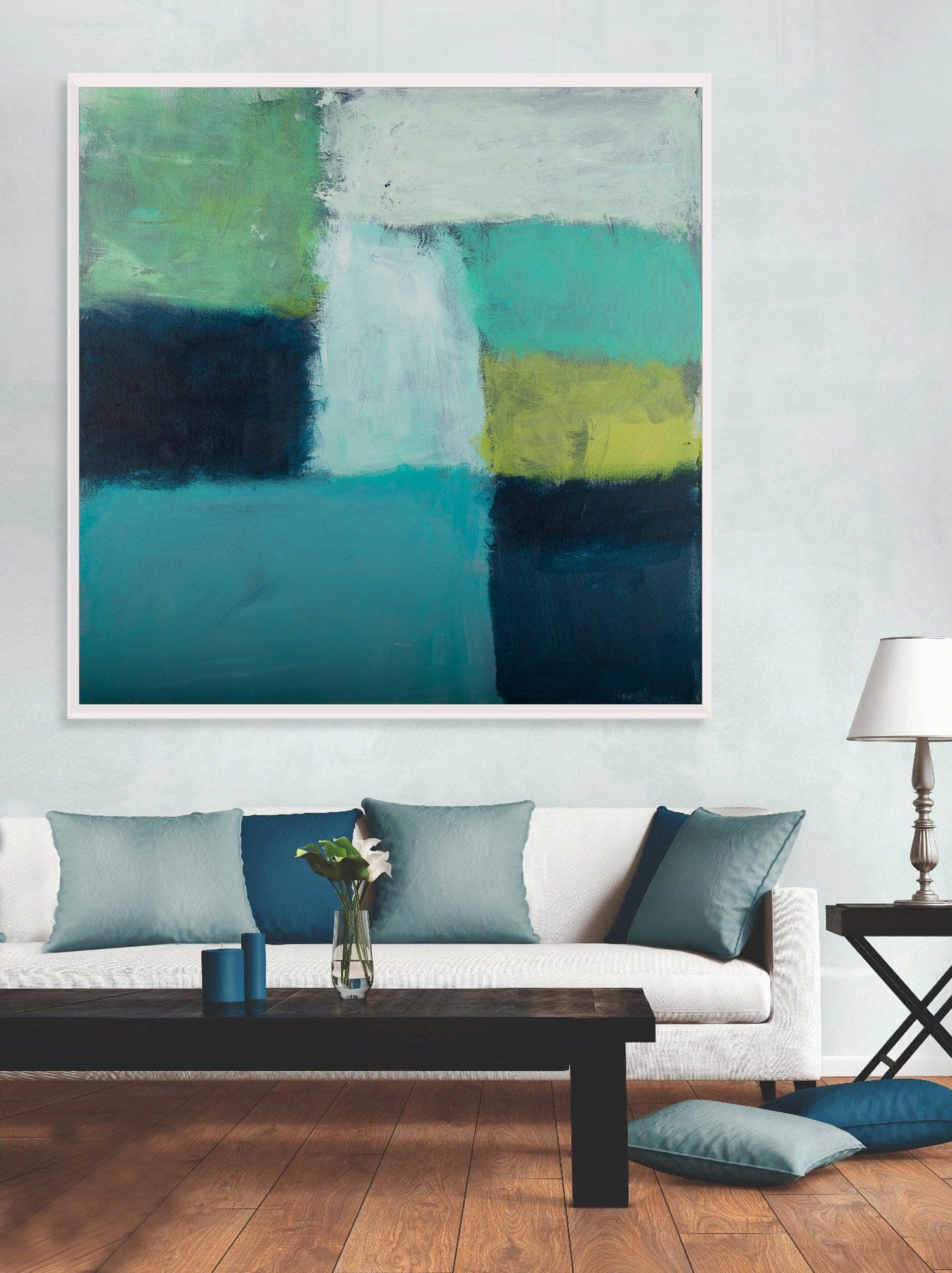 Large Teal Canvas art abstract painting, teal wall art decor, Abstract Beach Art, green Abstract Art Acrylic painting - camilomattis.com