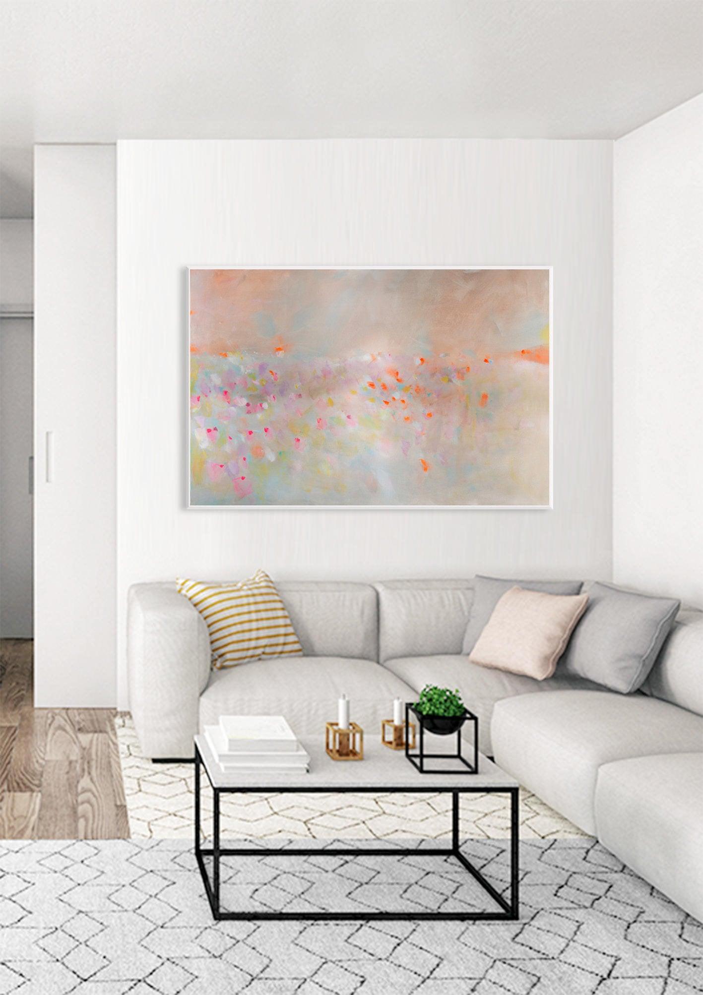 Abstract landscape painting, pastel colors art, pink, beige and orange landscape - camilomattis.com