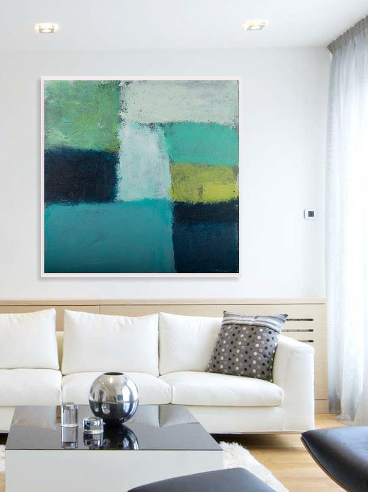 Large Teal Canvas art abstract painting, teal wall art decor, Abstract Beach Art, green Abstract Art Acrylic painting - camilomattis.com