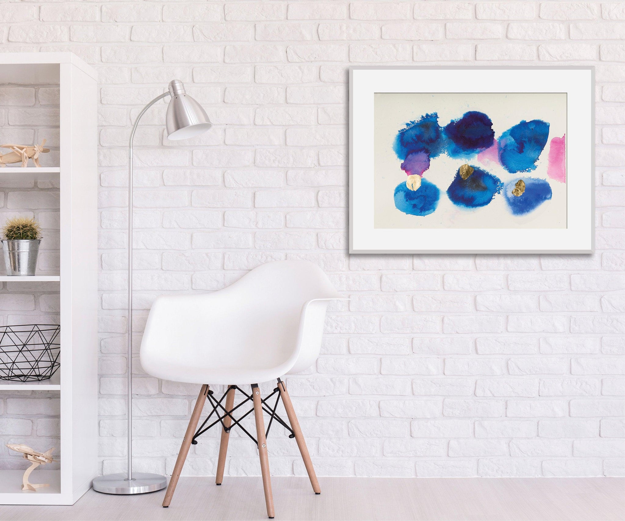 Blue Abstract watercolor gold leaf painting original wall art bedroom decor by Camilo Mattis - camilomattis.com