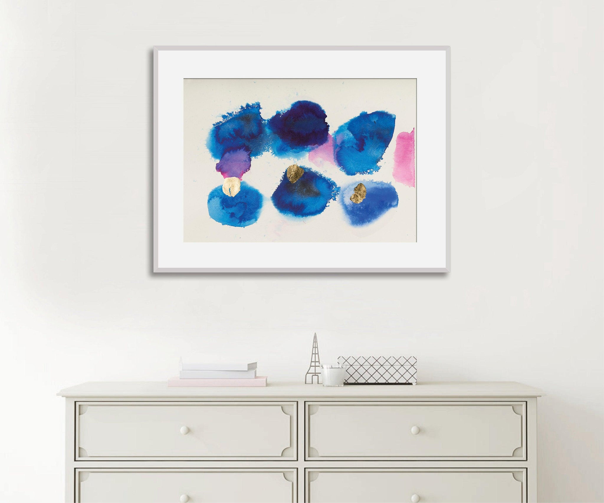Blue Abstract watercolor gold leaf painting original wall art bedroom decor by Camilo Mattis - camilomattis.com