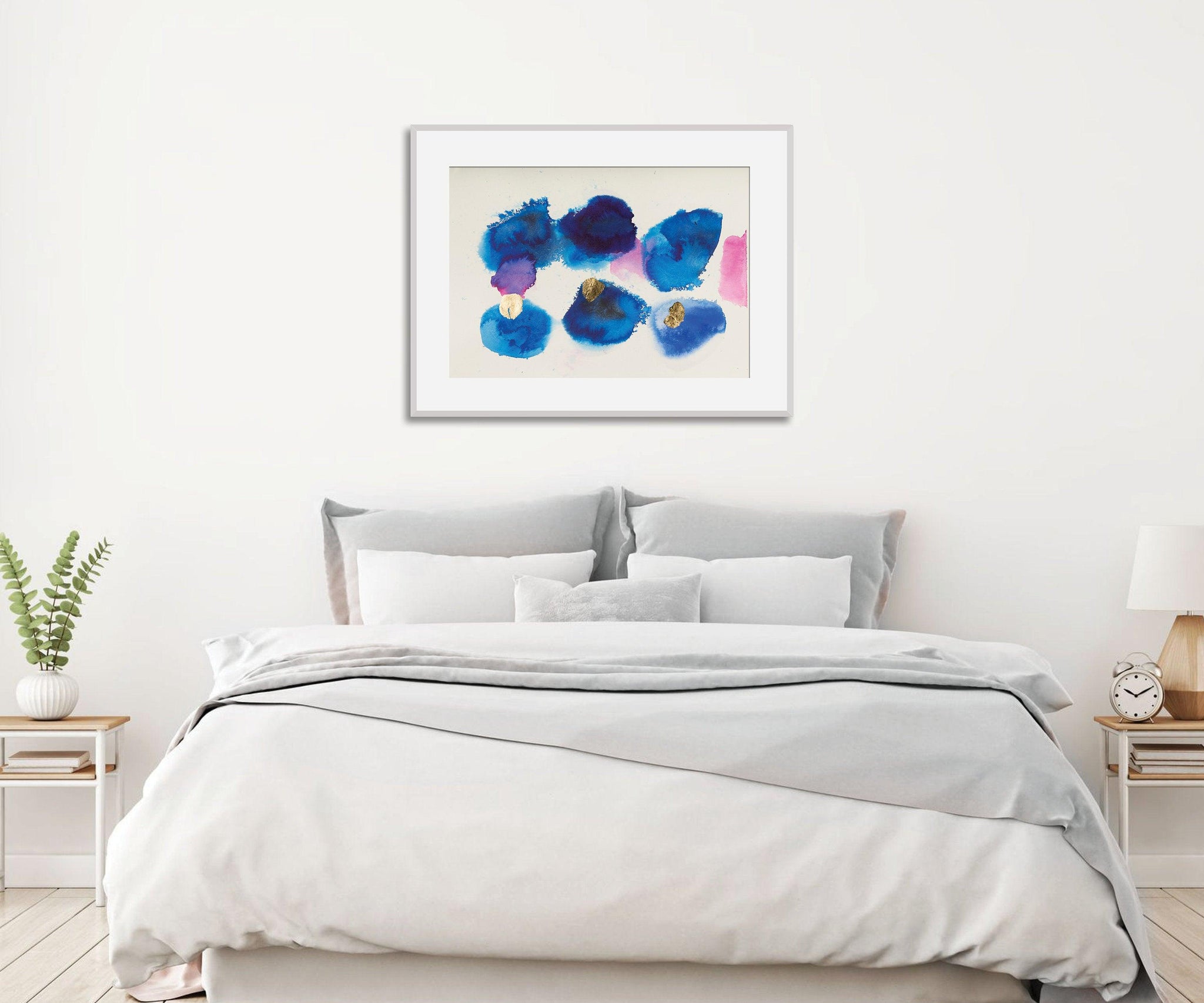 Blue Abstract watercolor gold leaf painting original wall art bedroom decor by Camilo Mattis - camilomattis.com