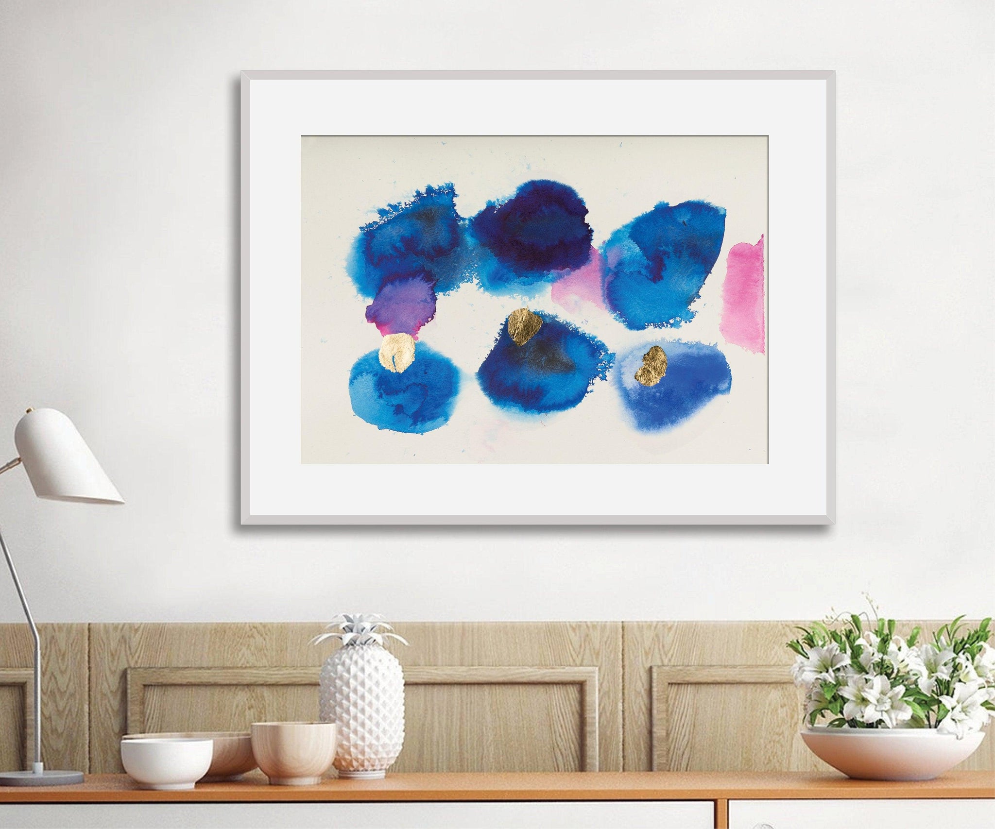 Blue Abstract watercolor gold leaf painting original wall art bedroom decor by Camilo Mattis - camilomattis.com