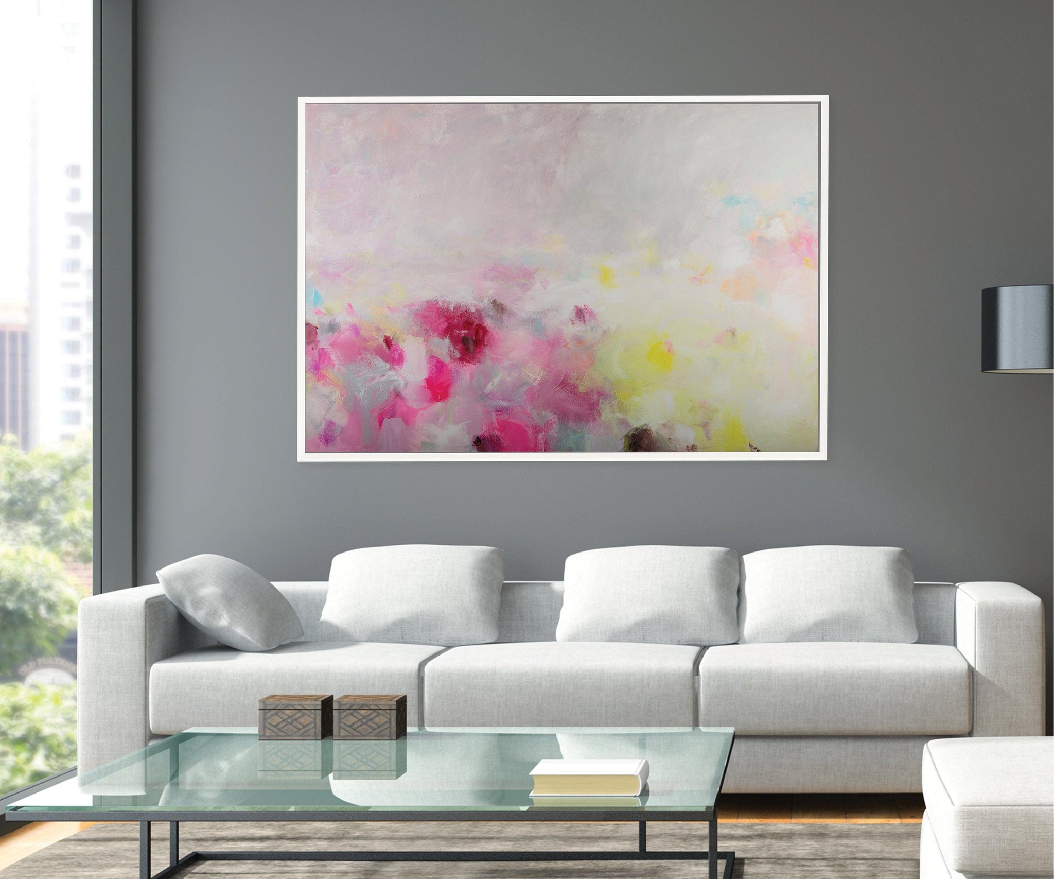 Extra large modern pink wall art, Landscape print, large abstract painting print, pink and yellow painting, acrylic abstract painting - camilomattis.com