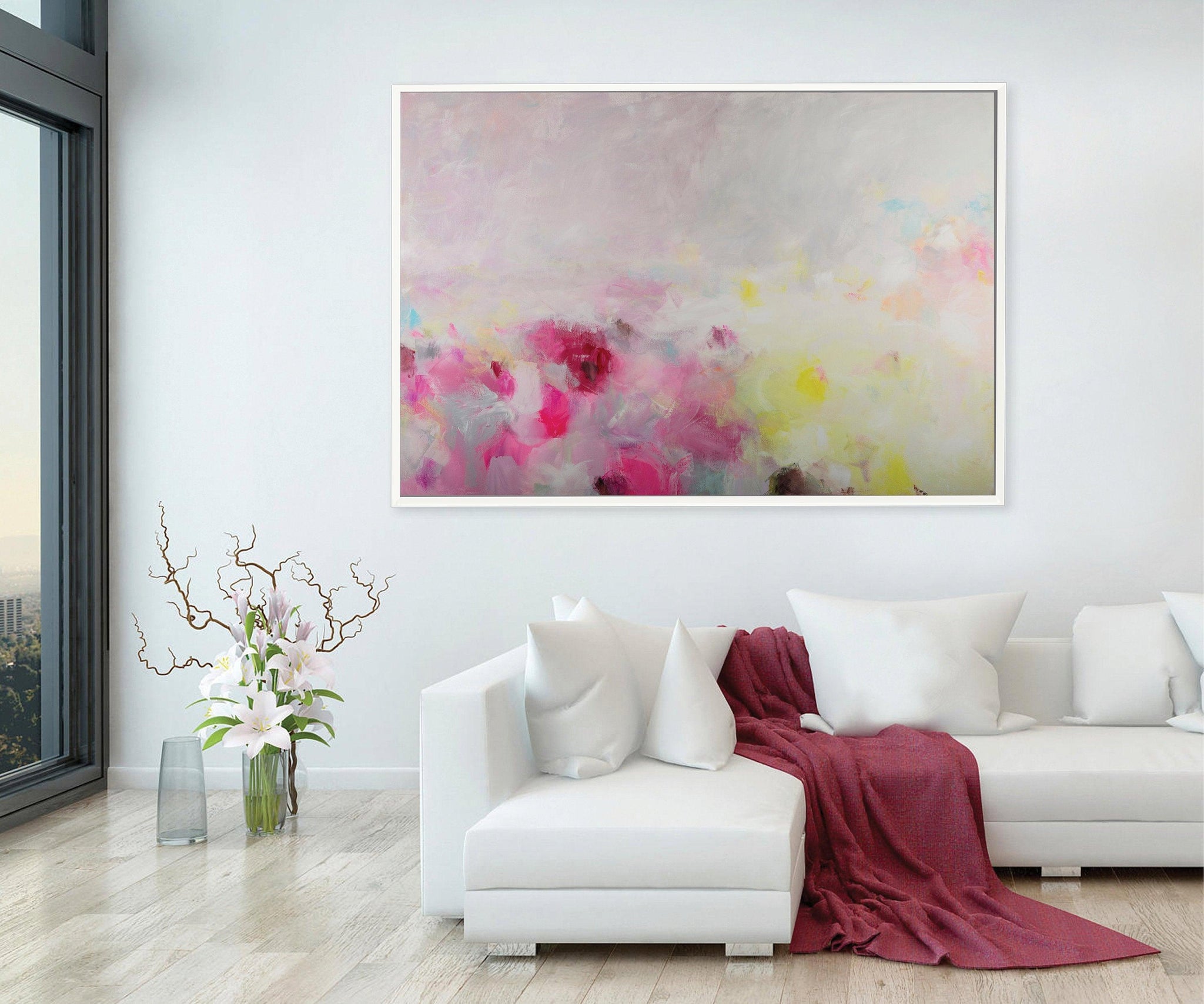 Extra large modern pink wall art, Landscape print, large abstract painting print, pink and yellow painting, acrylic abstract painting - camilomattis.com