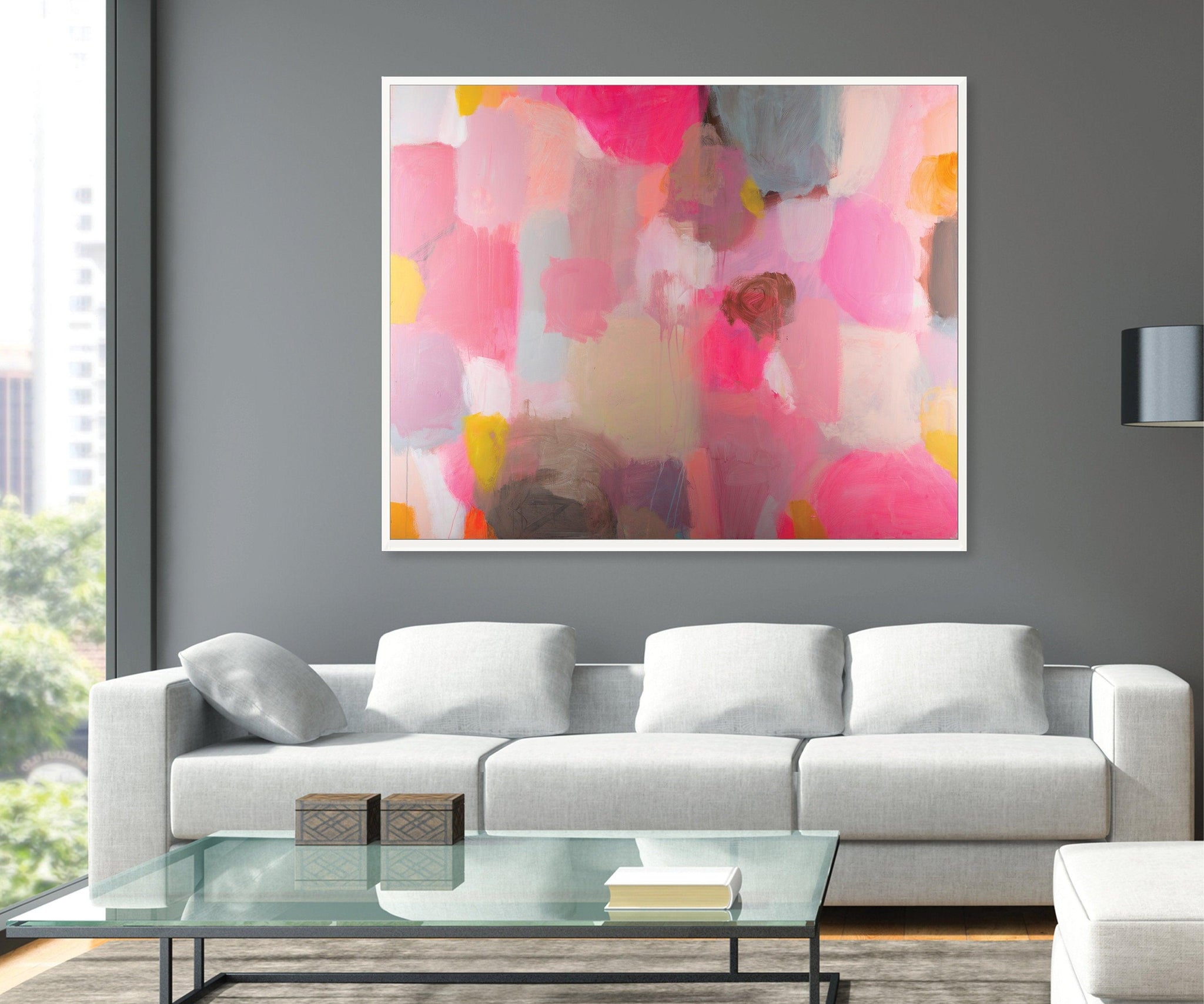 Colorful red pink extra large modern wall art, Landscape print, large abstract painting print, pink and yellow painting, acrylic abstract - camilomattis.com