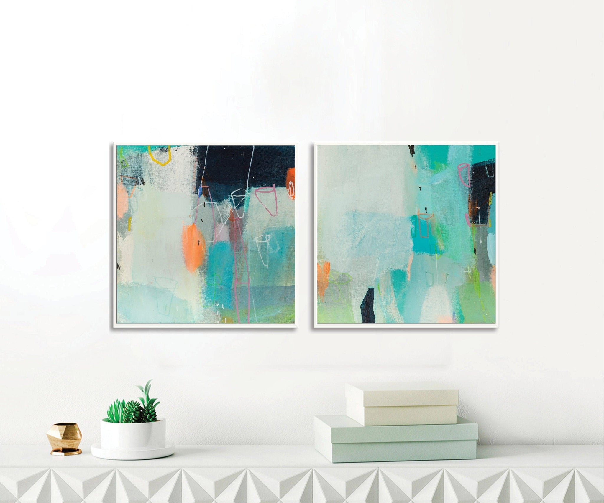 Original abstract art set teal wall art Set of 2 geometric colorful wall art paintings painting abstract by Camilo Matiz - camilomattis.com