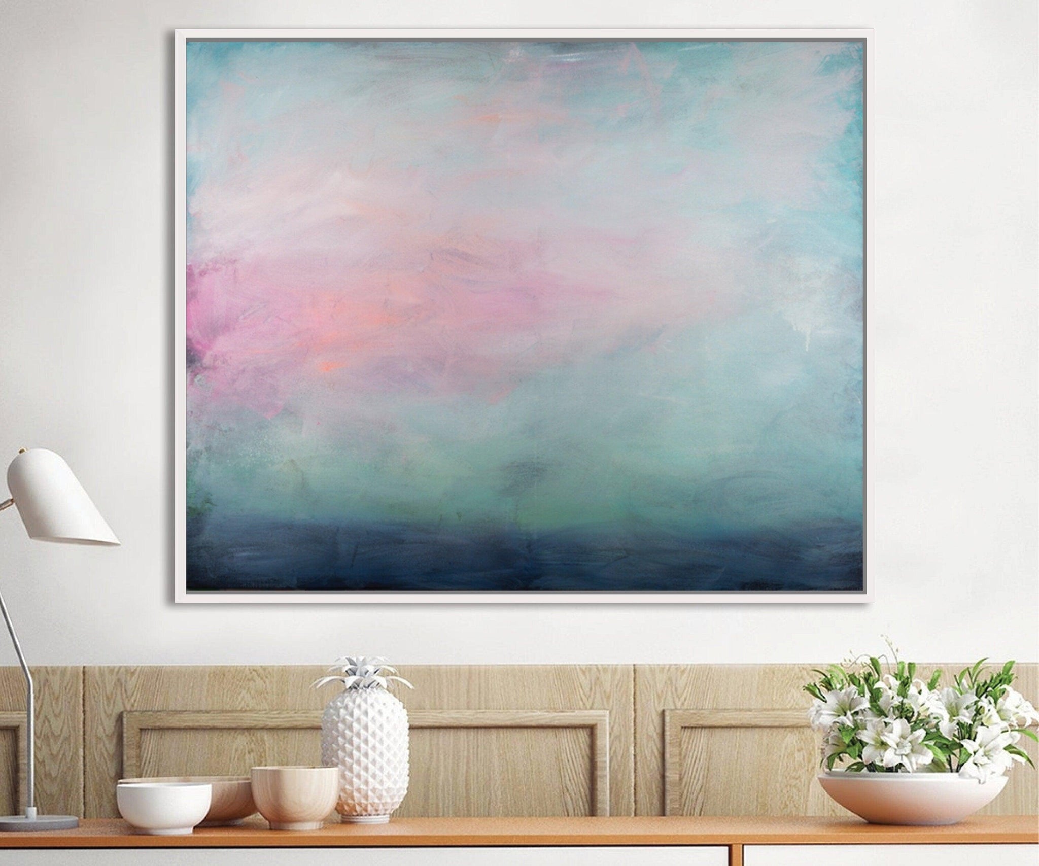 Teal Abstract Painting on Canvas, clouds acrylic painting print, Abstract Ocean Painting print, Ready to hang