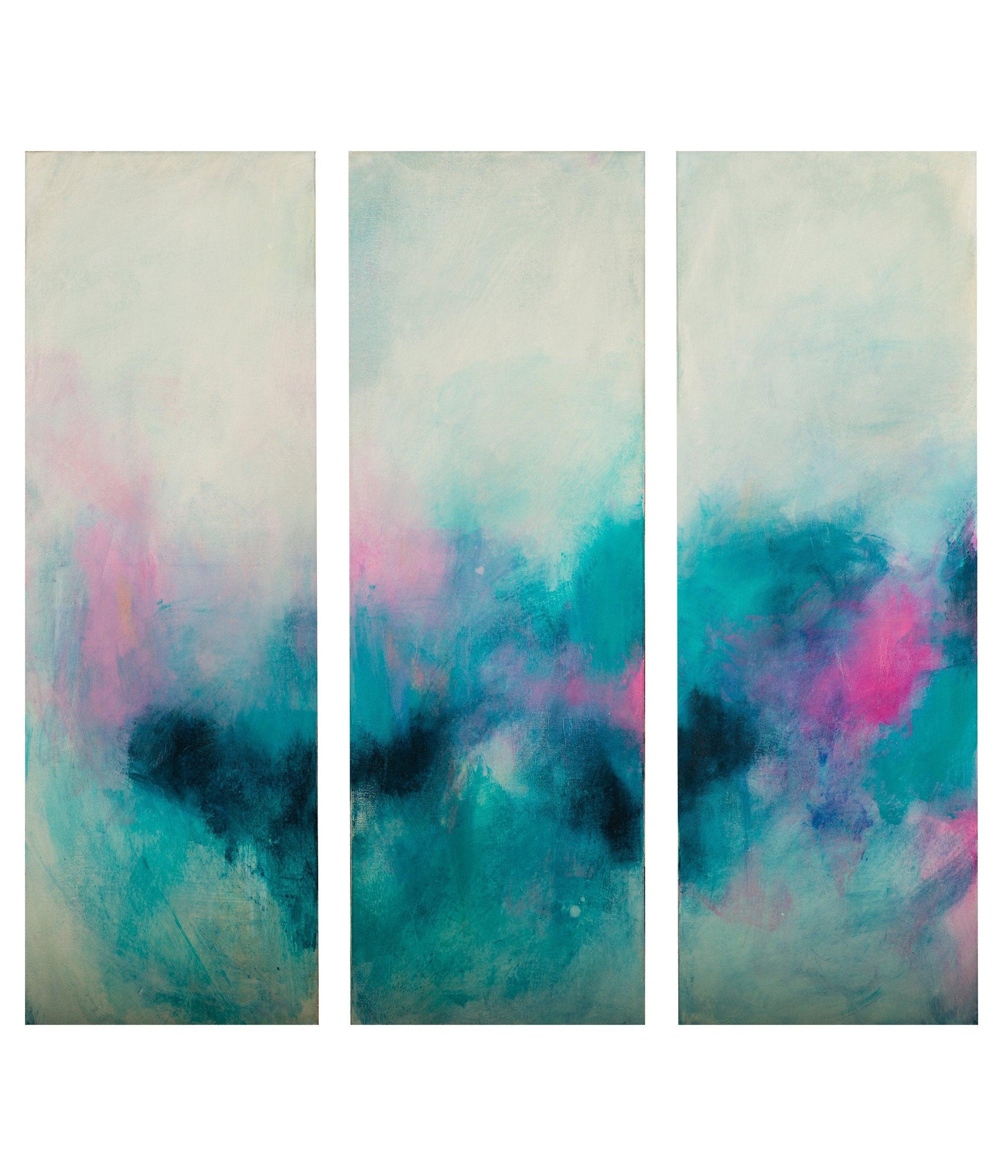Set of 3 teal aqua blue abstract seascape art, Blush pink wall art set, Teal Abstract landscape - camilomattis.com