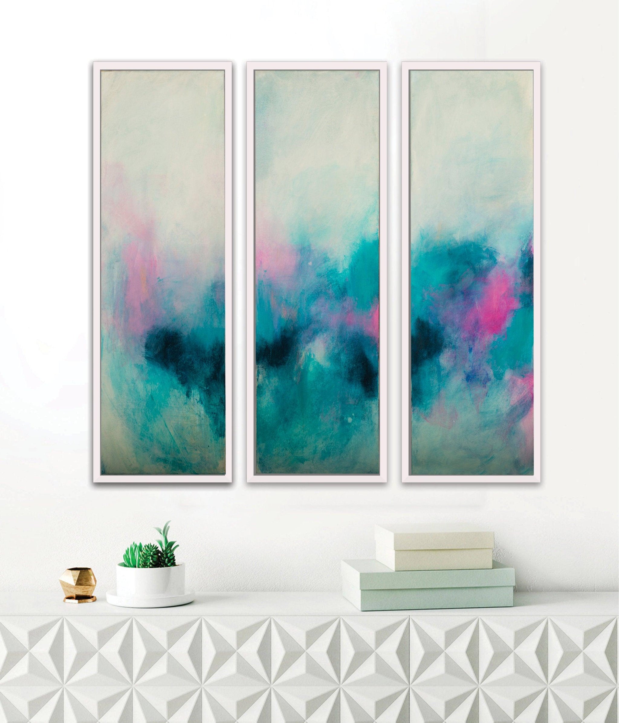 Set of 3 teal aqua blue abstract seascape art, Blush pink wall art set, Teal Abstract landscape - camilomattis.com