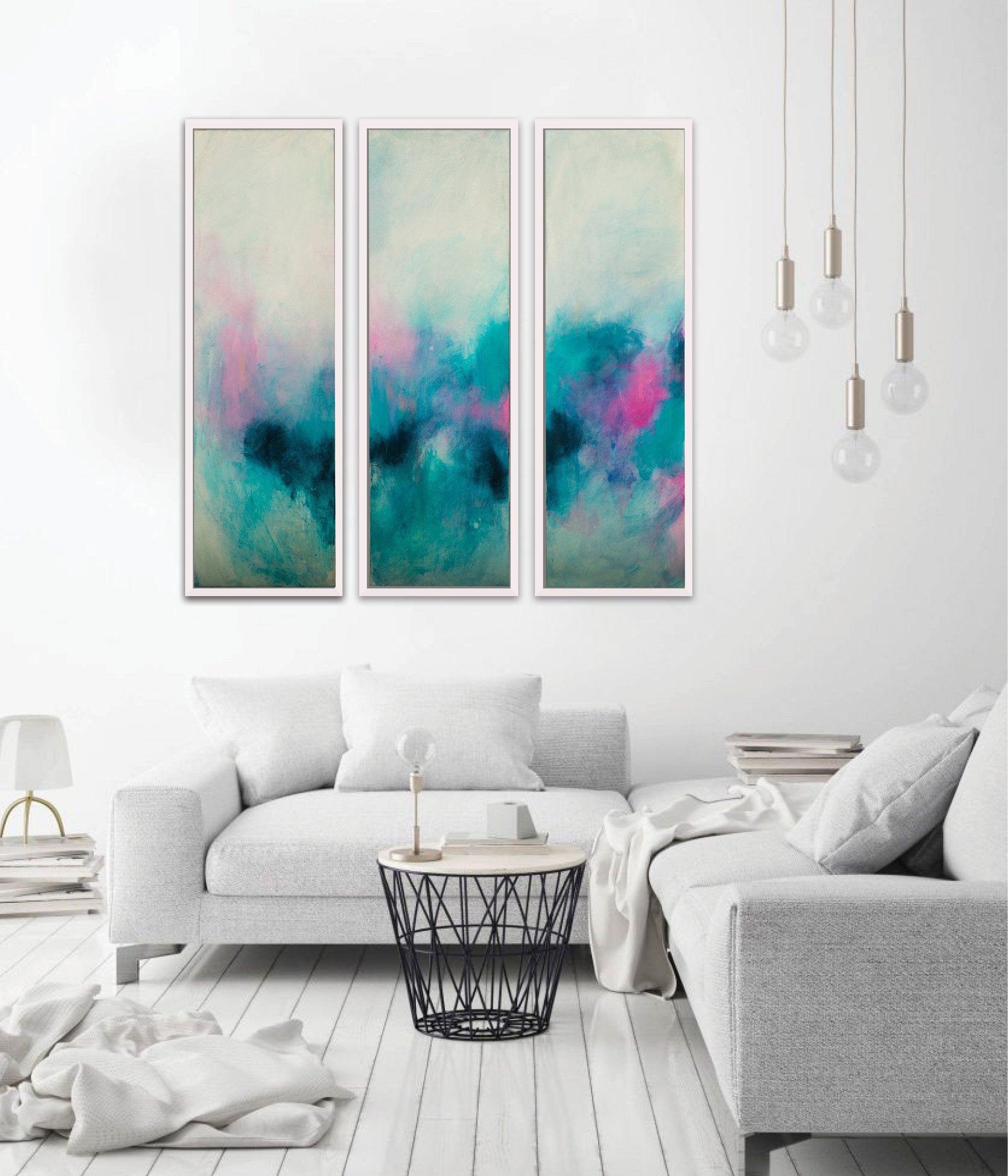 Set of 3 teal aqua blue abstract seascape art, Blush pink wall art set, Teal Abstract landscape - camilomattis.com
