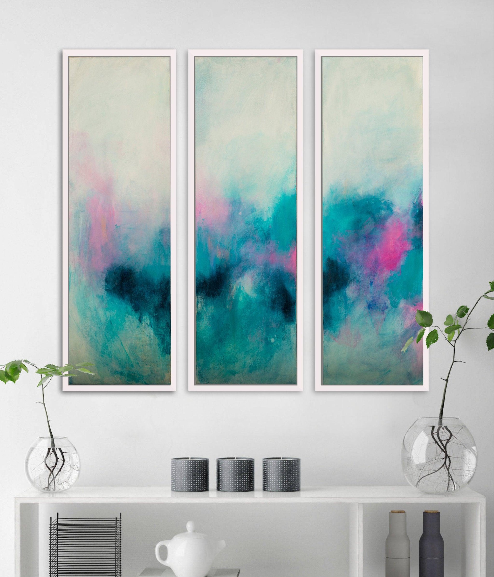Set of 3 teal aqua blue abstract seascape art, Blush pink wall art set, Teal Abstract landscape - camilomattis.com