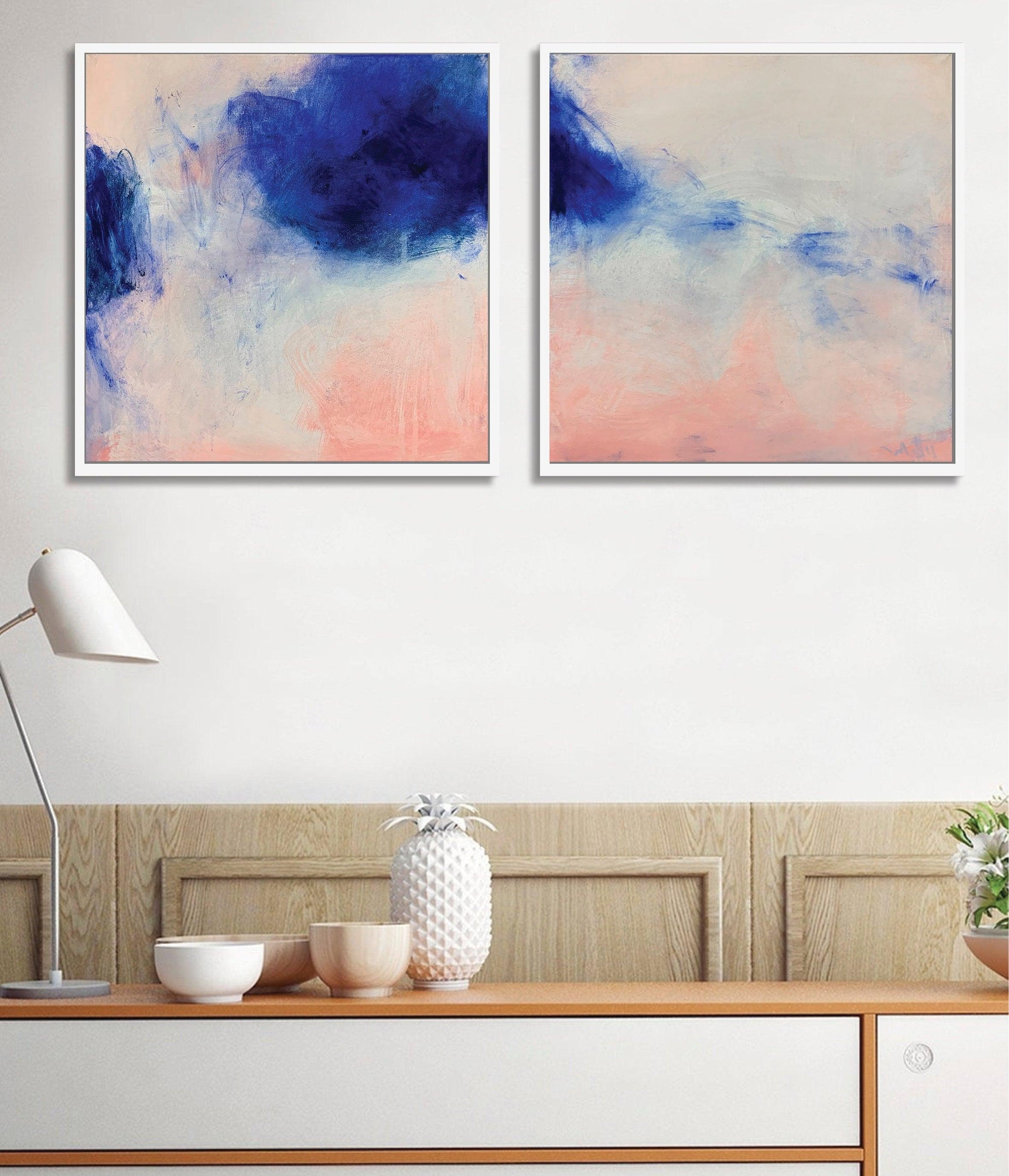 Blush pink wall art set, Coastal wall art set, Navy blue wall art - camilomattis.com