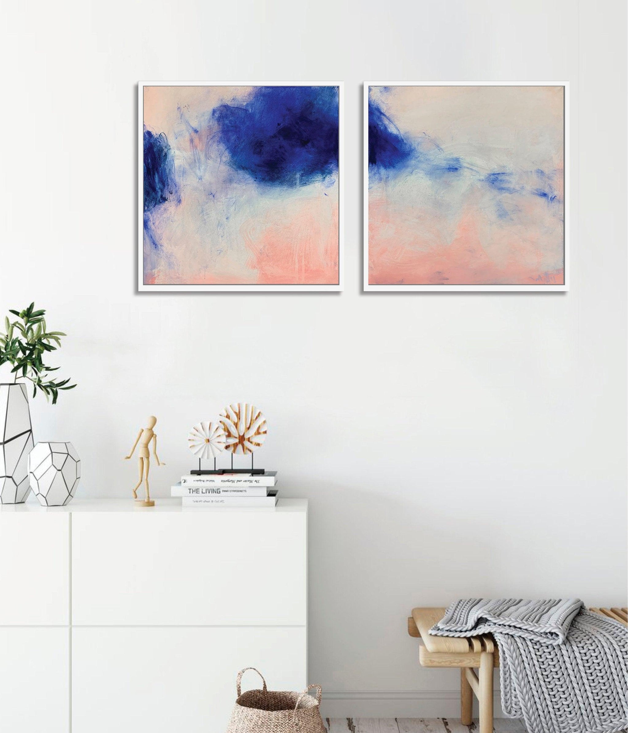 Blush pink wall art set, Coastal wall art set, Navy blue wall art - camilomattis.com