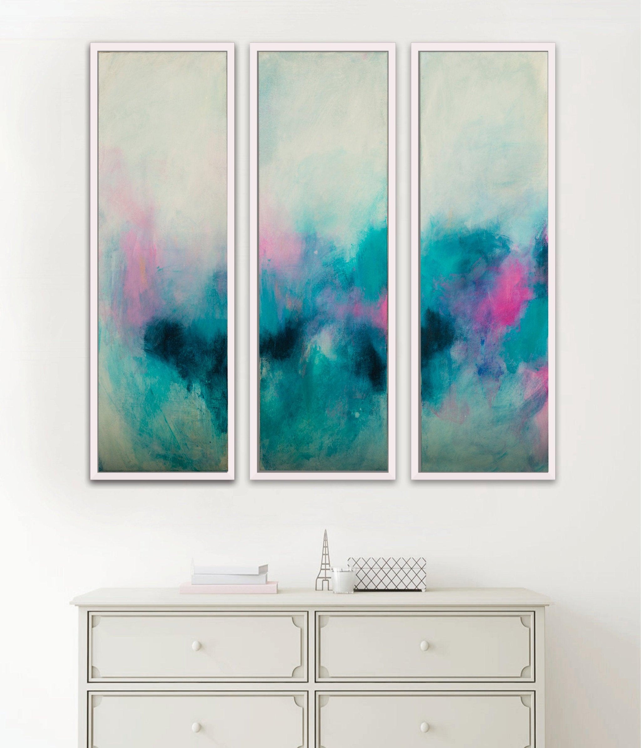 Set of 3 teal aqua blue abstract seascape art, Blush pink wall art set, Teal Abstract landscape - camilomattis.com