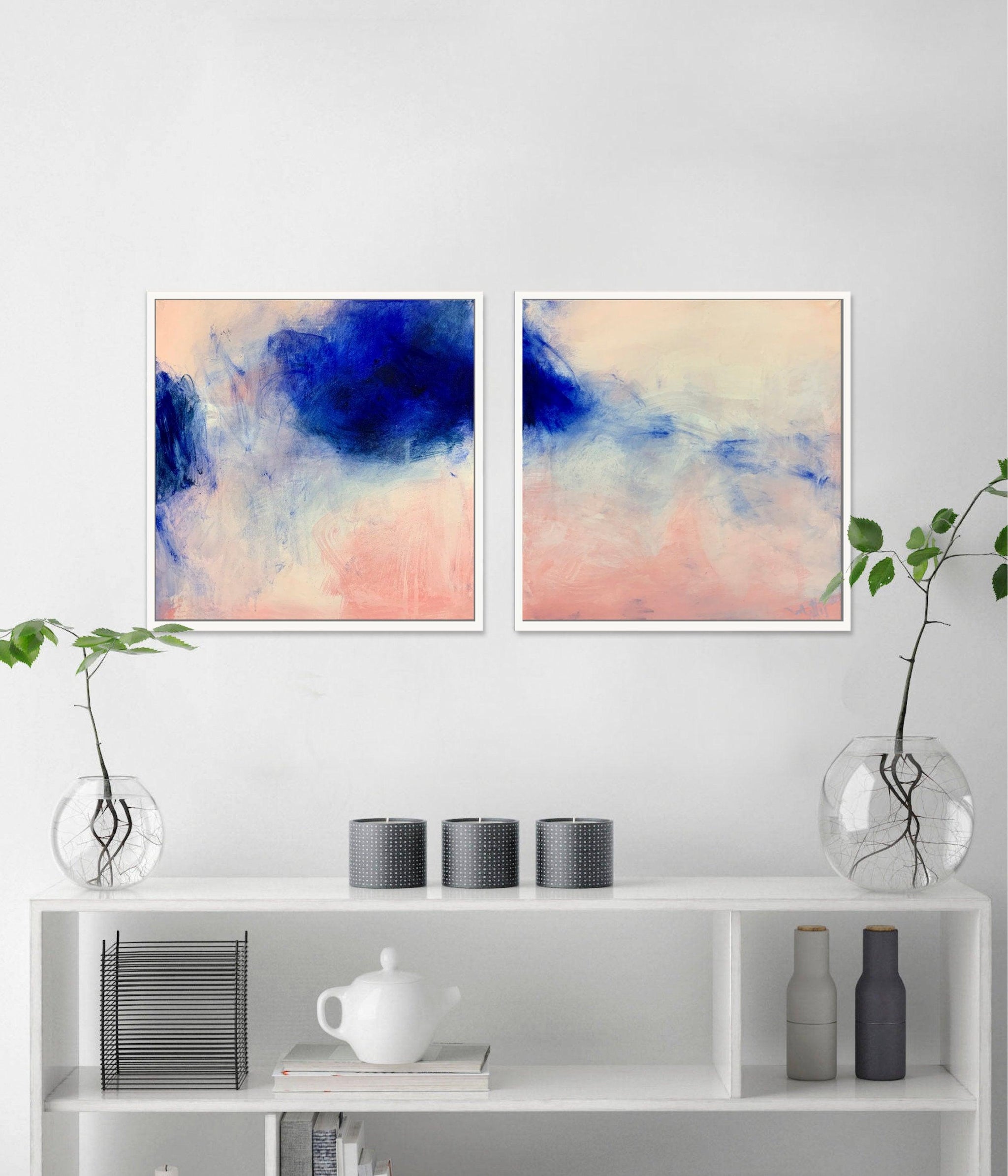 Blush pink wall art set, Coastal wall art set, Navy blue wall art - camilomattis.com