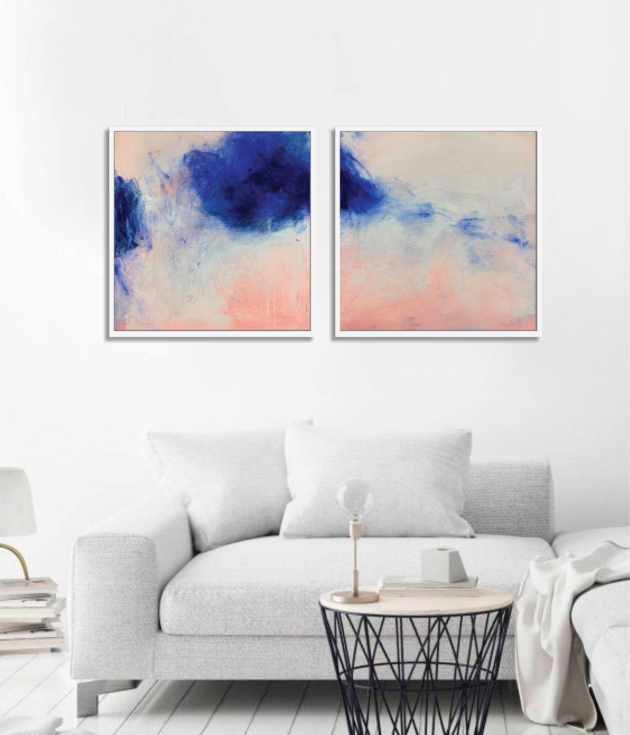 Blush pink wall art set, Coastal wall art set, Navy blue wall art - camilomattis.com