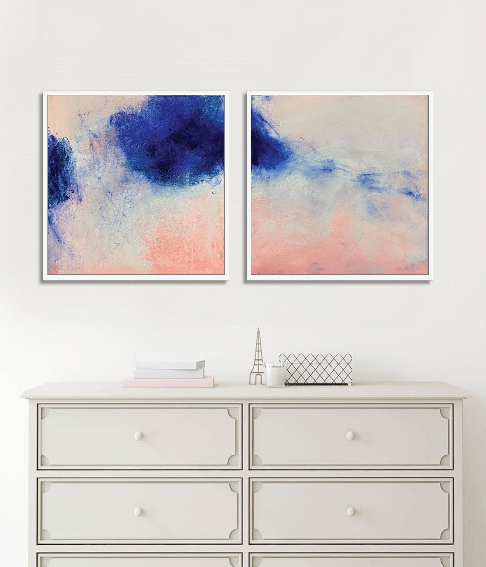 Blush pink wall art set, Coastal wall art set, Navy blue wall art - camilomattis.com