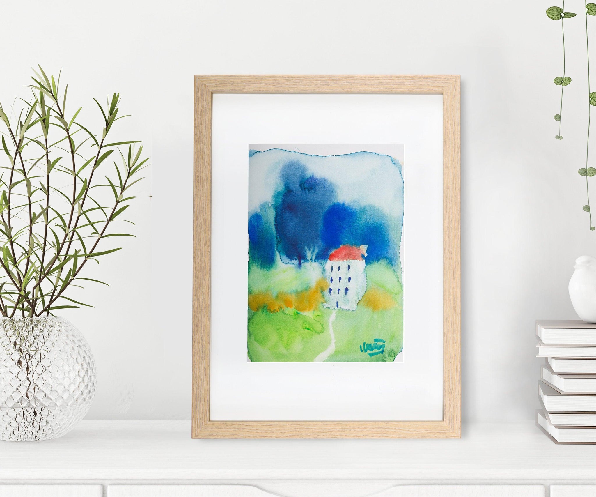 Blue and green house portrait landscape watercolor painting miniature painting above bed decor - camilomattis.com