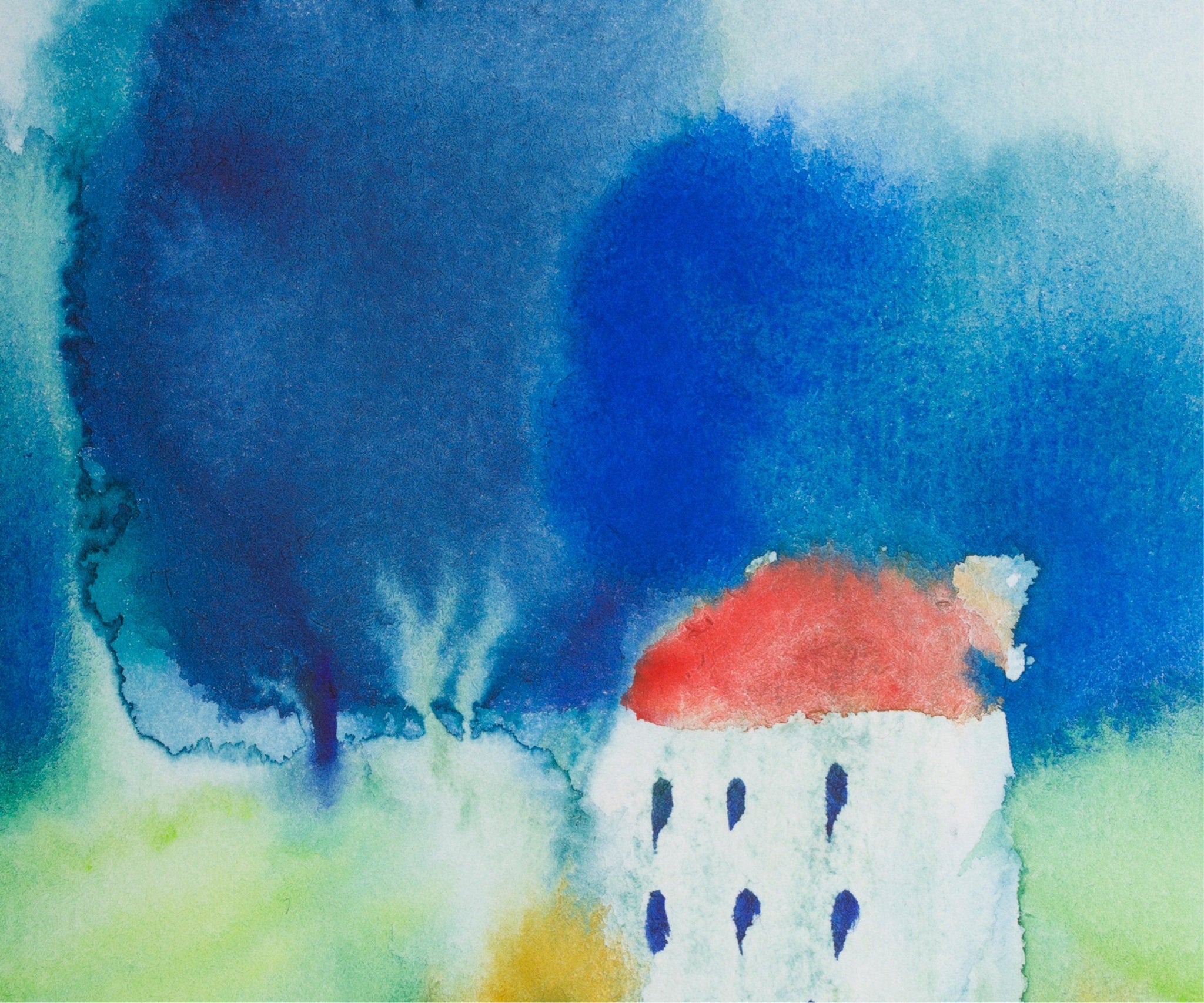 Blue and green house portrait landscape watercolor painting miniature painting above bed decor - camilomattis.com