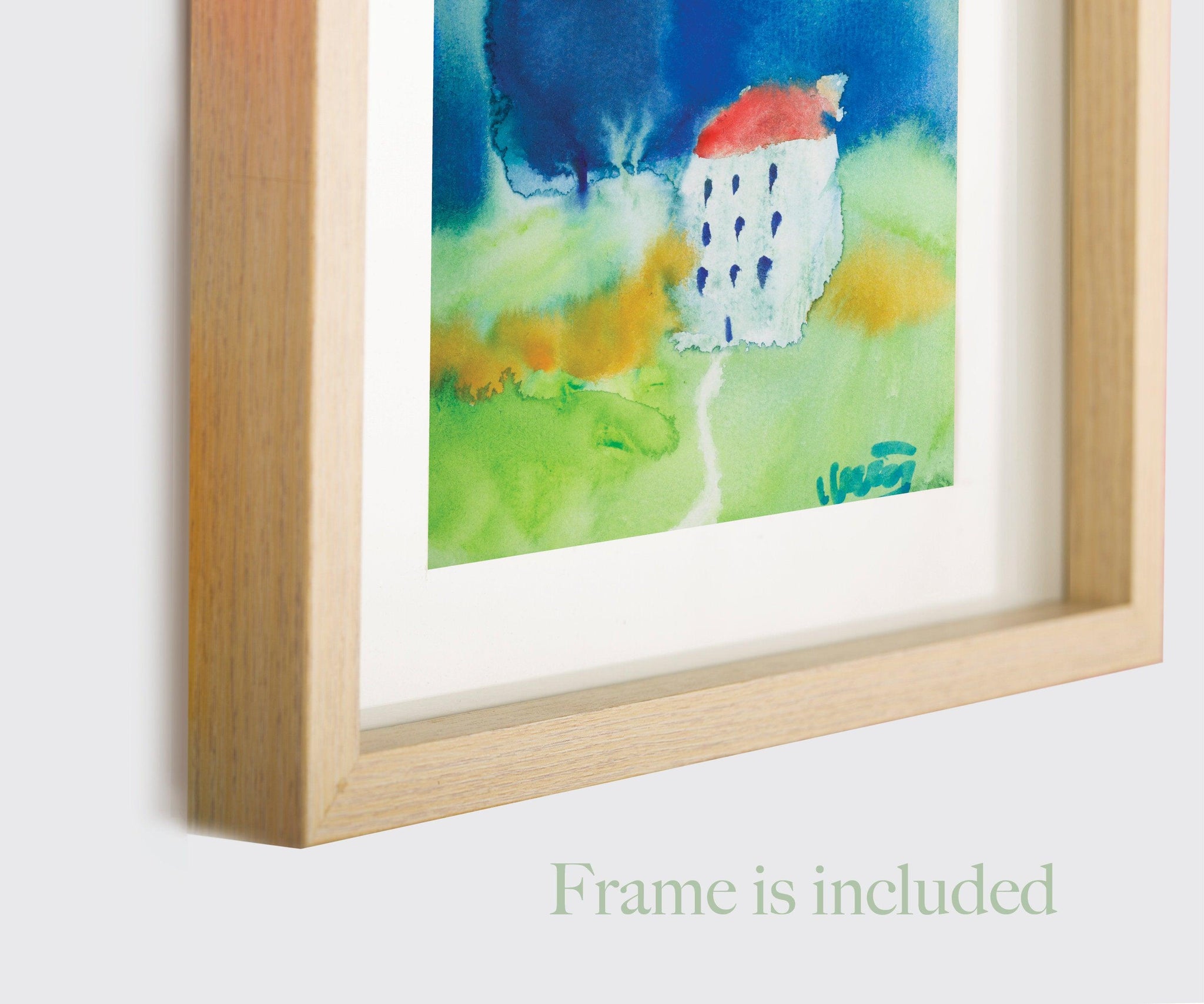 Blue and green house portrait landscape watercolor painting miniature painting above bed decor - camilomattis.com
