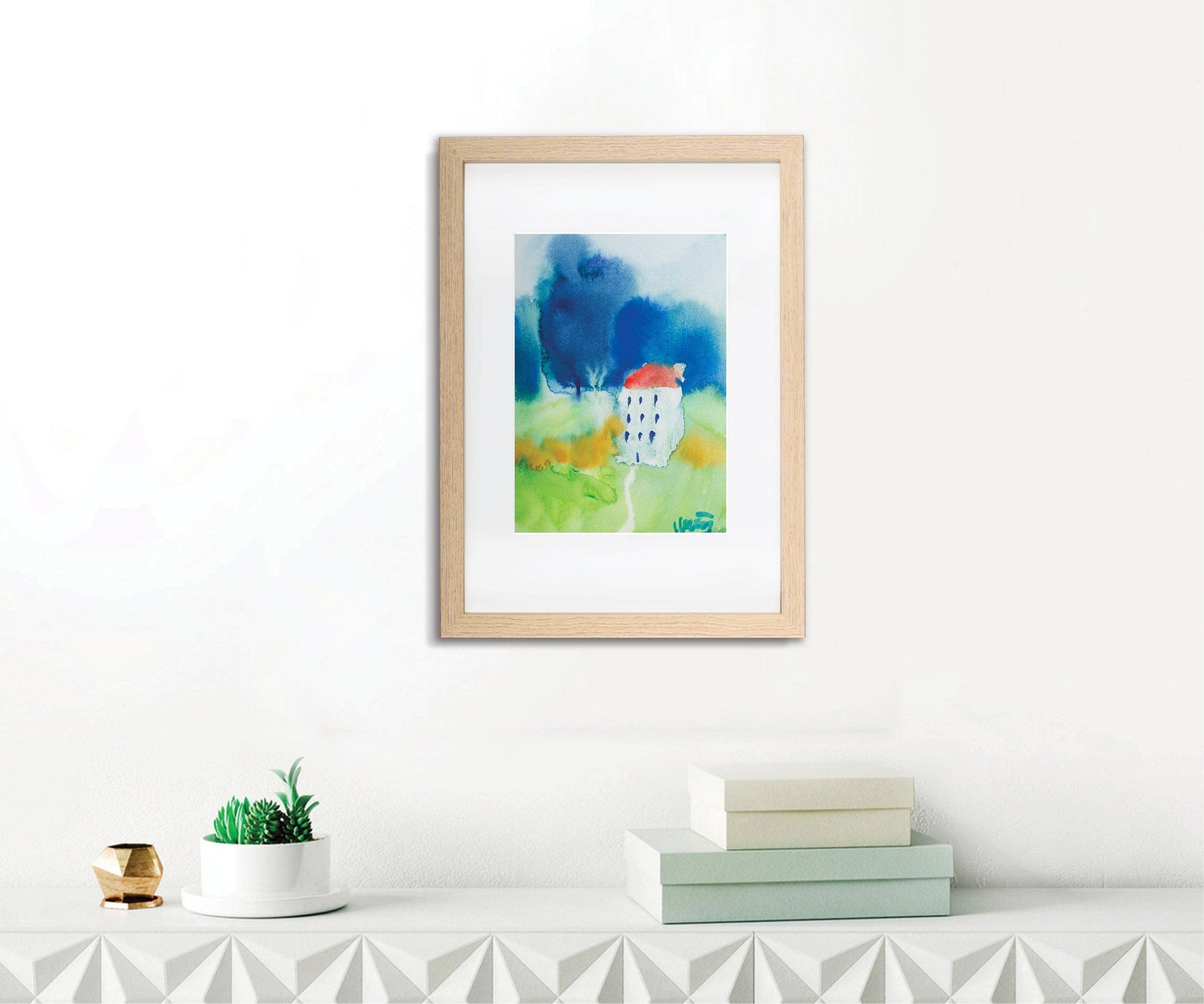 Blue and green house portrait landscape watercolor painting miniature painting above bed decor - camilomattis.com