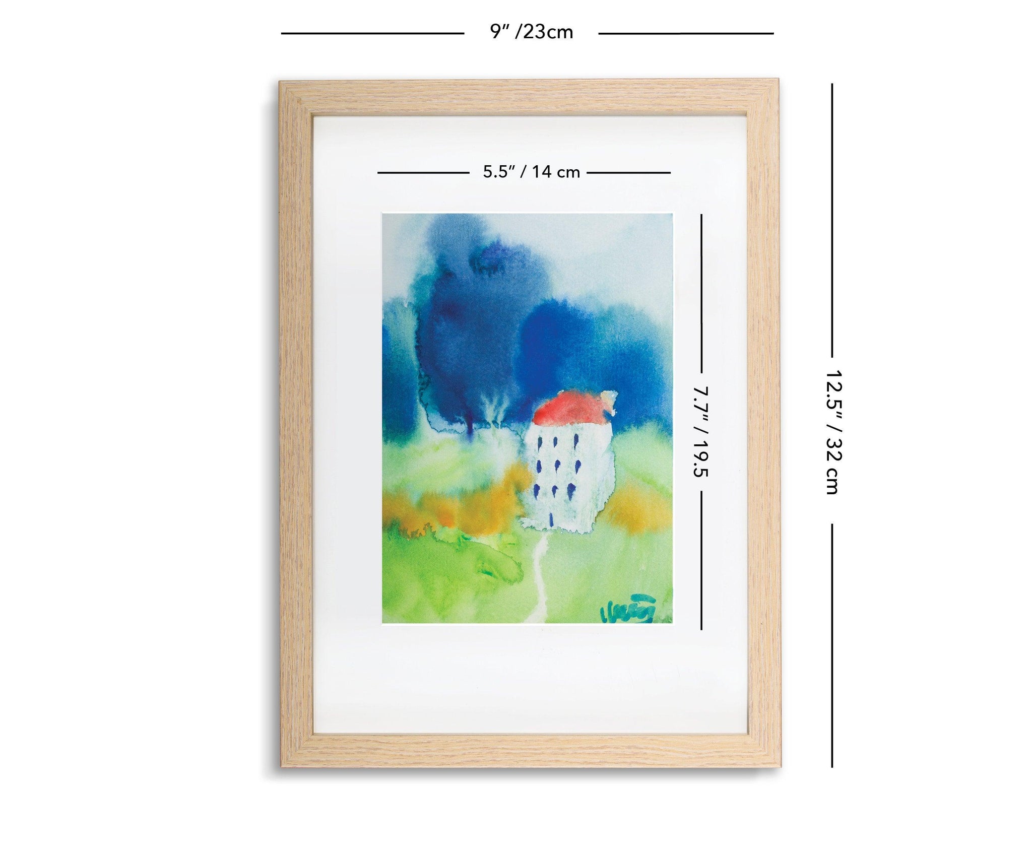 Blue and green house portrait landscape watercolor painting miniature painting above bed decor - camilomattis.com