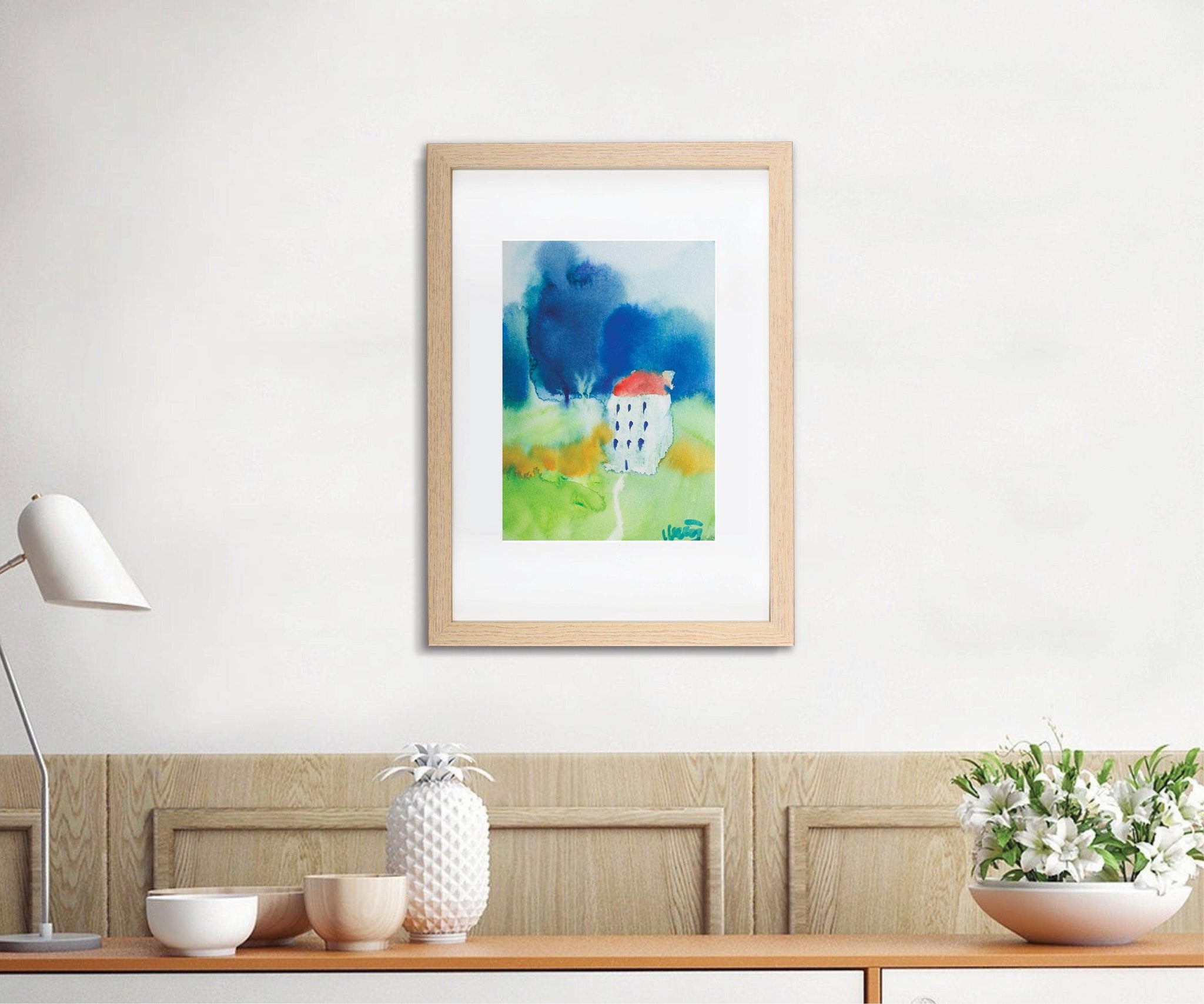 Blue and green house portrait landscape watercolor painting miniature painting above bed decor - camilomattis.com
