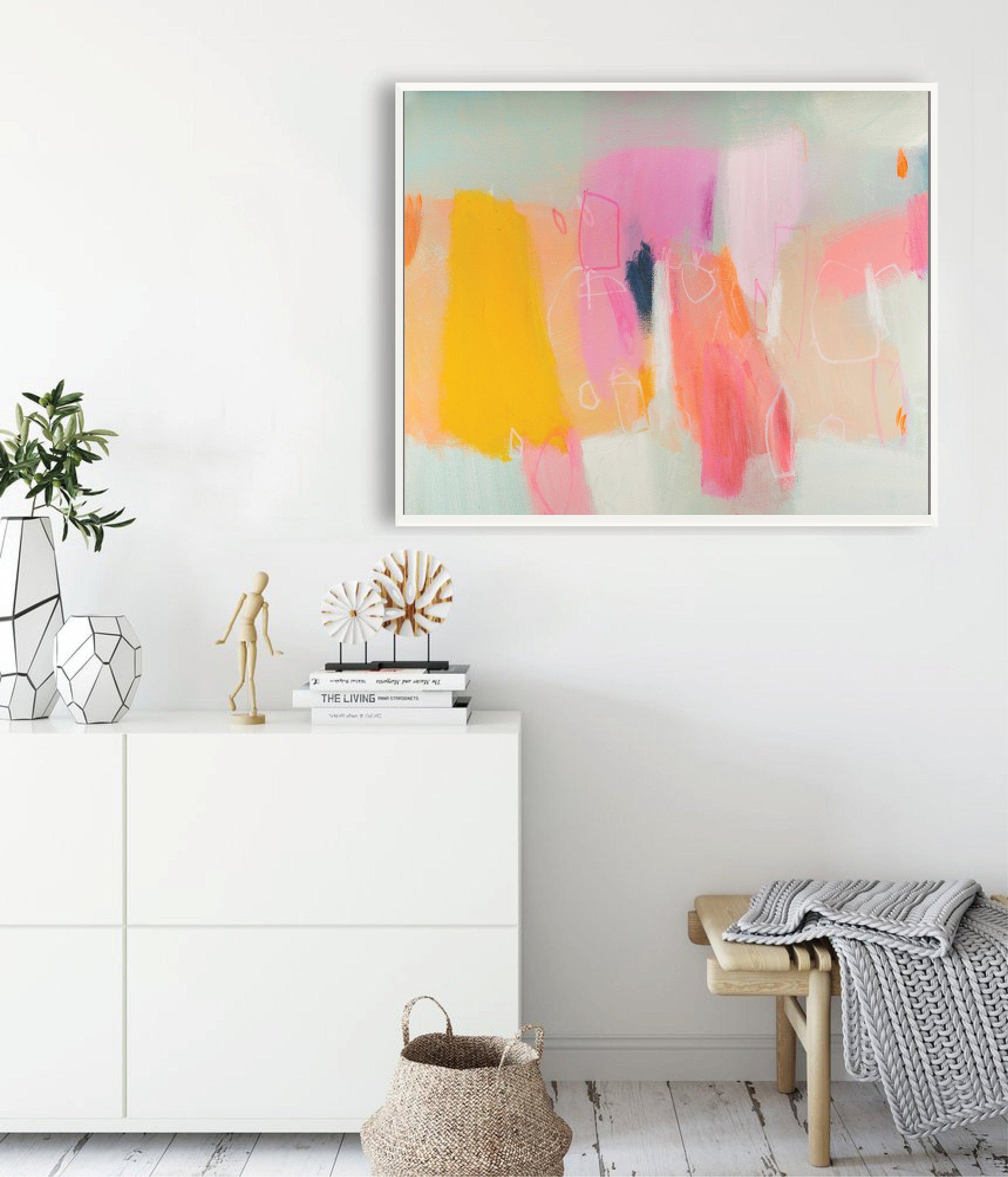 Yellow and pink abstract art print oversized wall art extra large wall print graffiti wall art - camilomattis.com