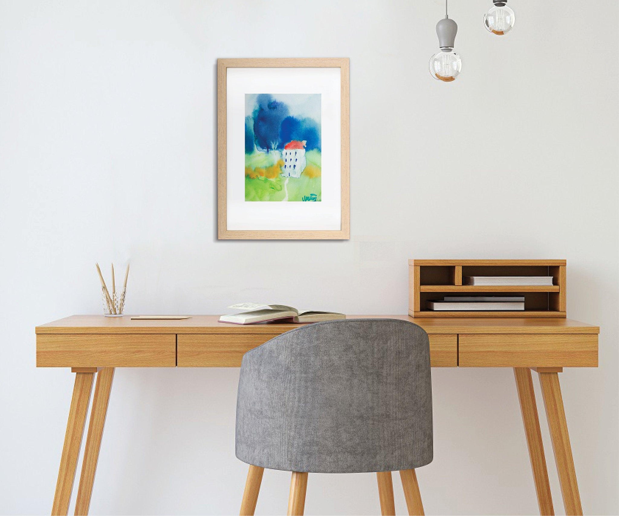 Blue and green house portrait landscape watercolor painting miniature painting above bed decor - camilomattis.com