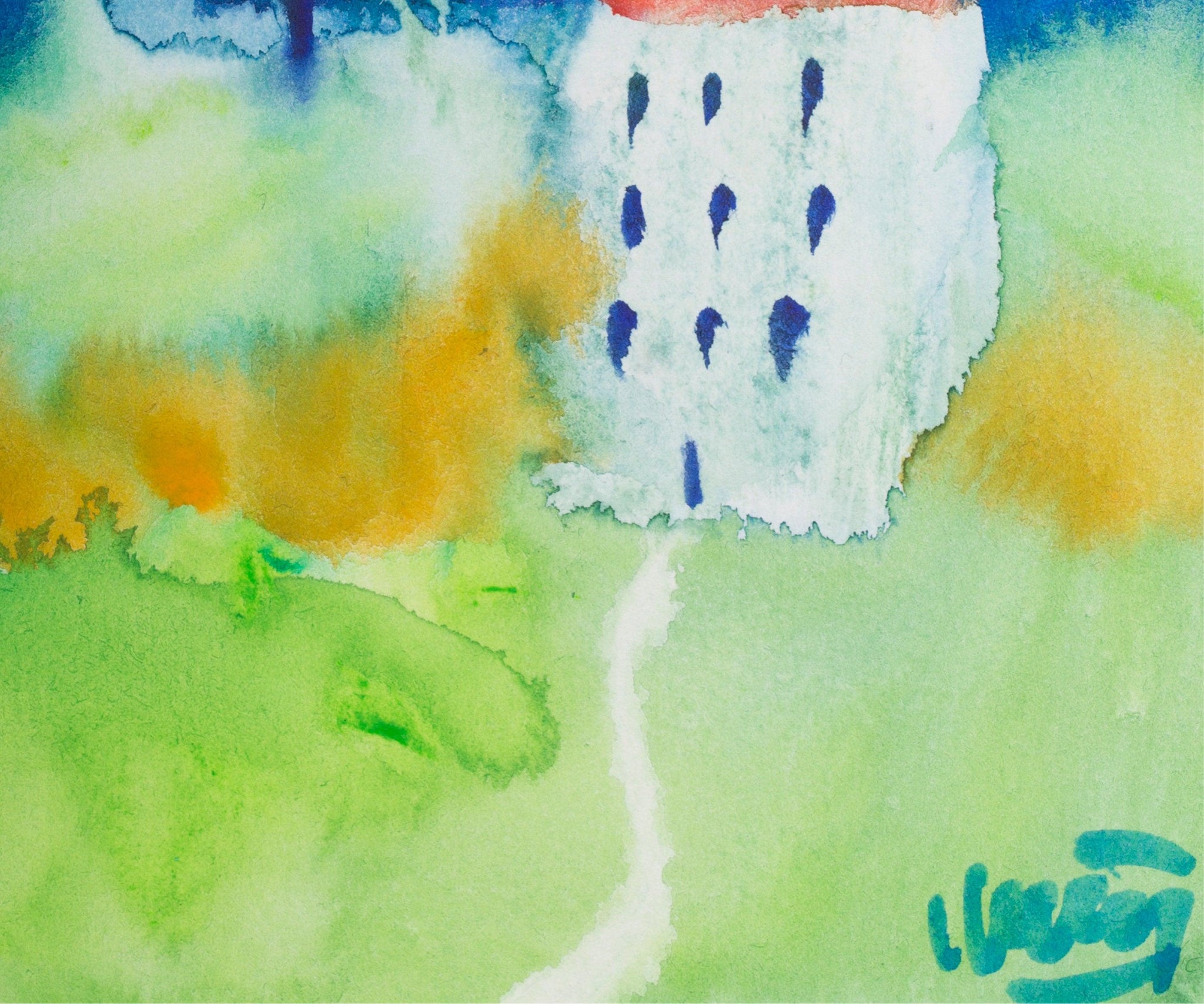 Blue and green house portrait landscape watercolor painting miniature painting above bed decor - camilomattis.com